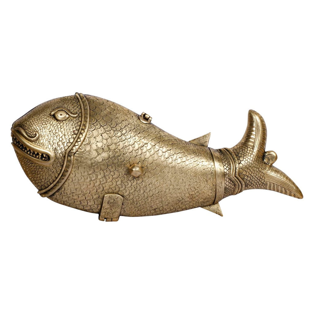 ARTVARKO Big Brass Fish with Wheel Handmade Tray Box Multipurpose Golden Fish Wealth Lucky Treasure Sculpture Home Office Decor Gift 22 Inch.