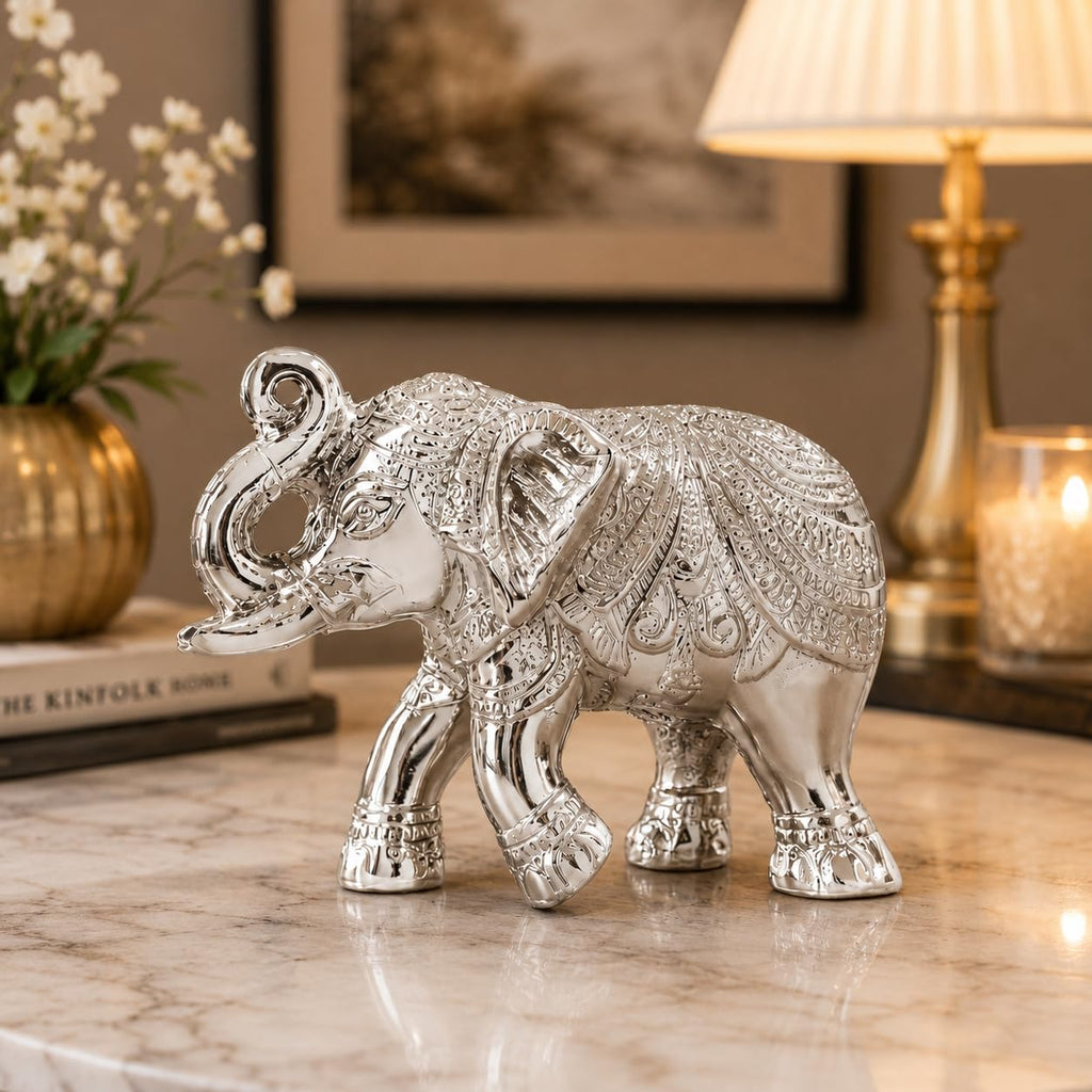 KridayKraft Decorative Silver Elephant Trunkup Silver Plated Statue, 12 cm x 9.5 cm, 400 gm, Intricately Carved Metal Figurine