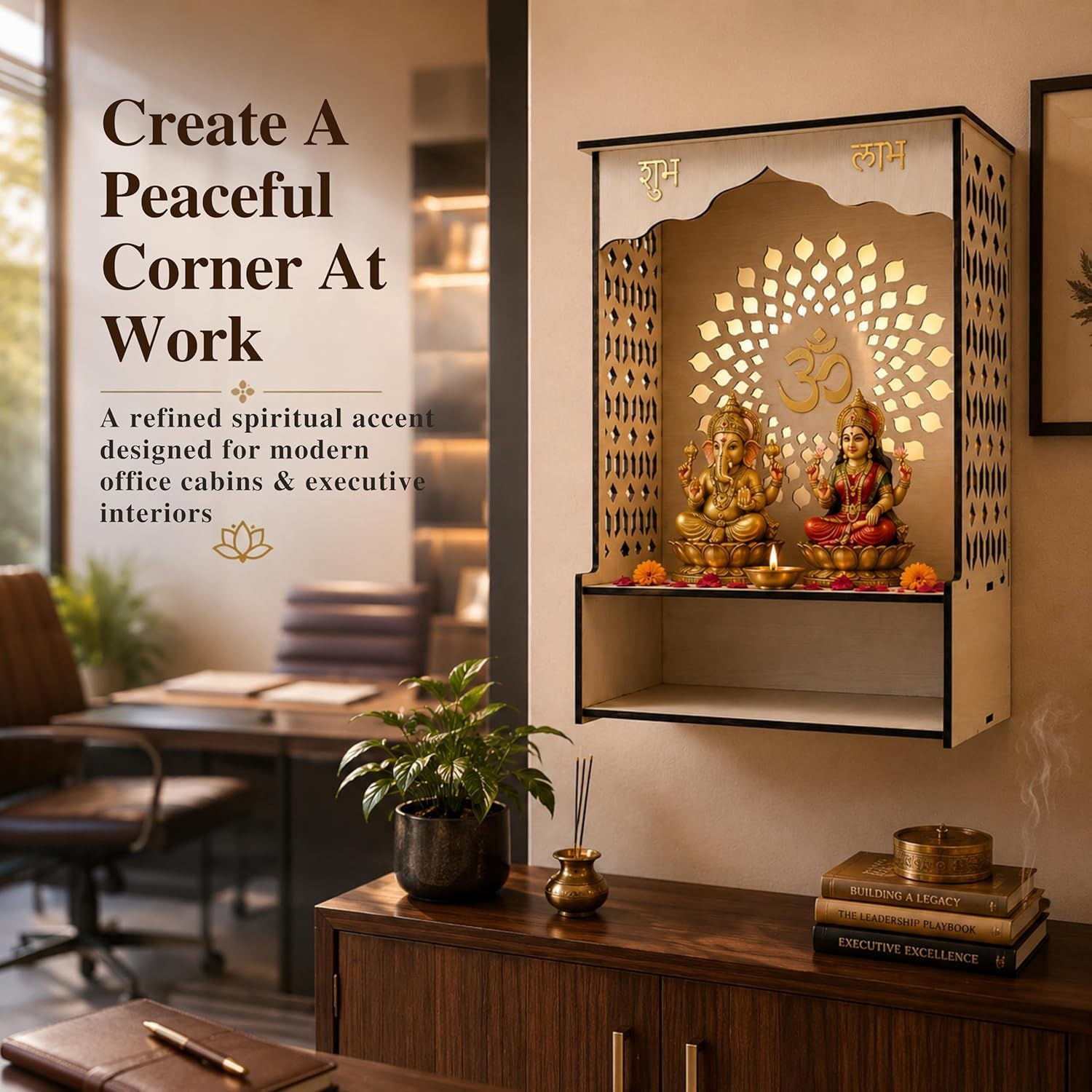 Venlay Wood Wooden Home Mandir with Jali Work - White Oak Finish Pooja Ghar Featuring Gold Om, Shubh & Labh Accents - Compact Wall Hanging & Desktop Altar with Storage Shelf for Home & Office (White)