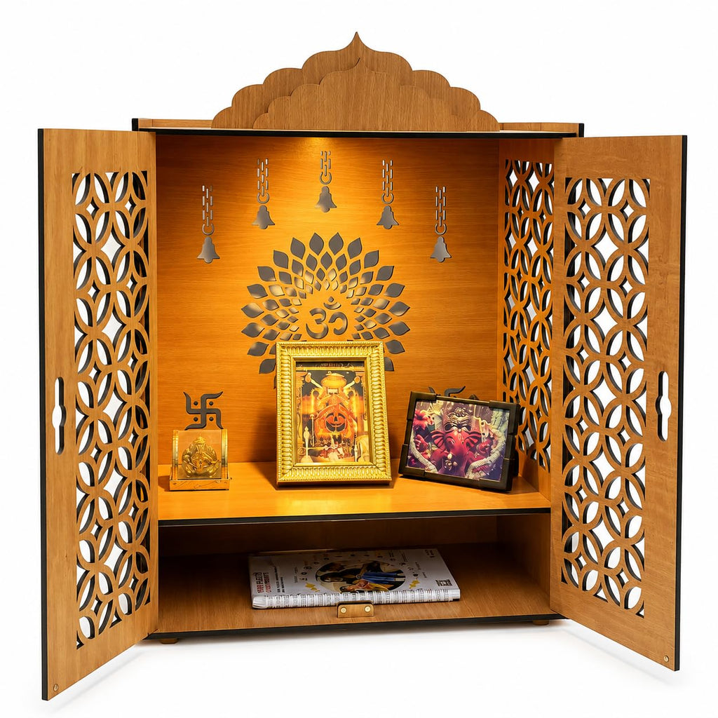 Zesta Wooden Mandir for Home Big Size | DIY Pooja Mandir with LED Spot Light | Devghar Cabinet for Living Room or Office | Wall Mounted Pooja Unit for Home (Big Mandir with Door)