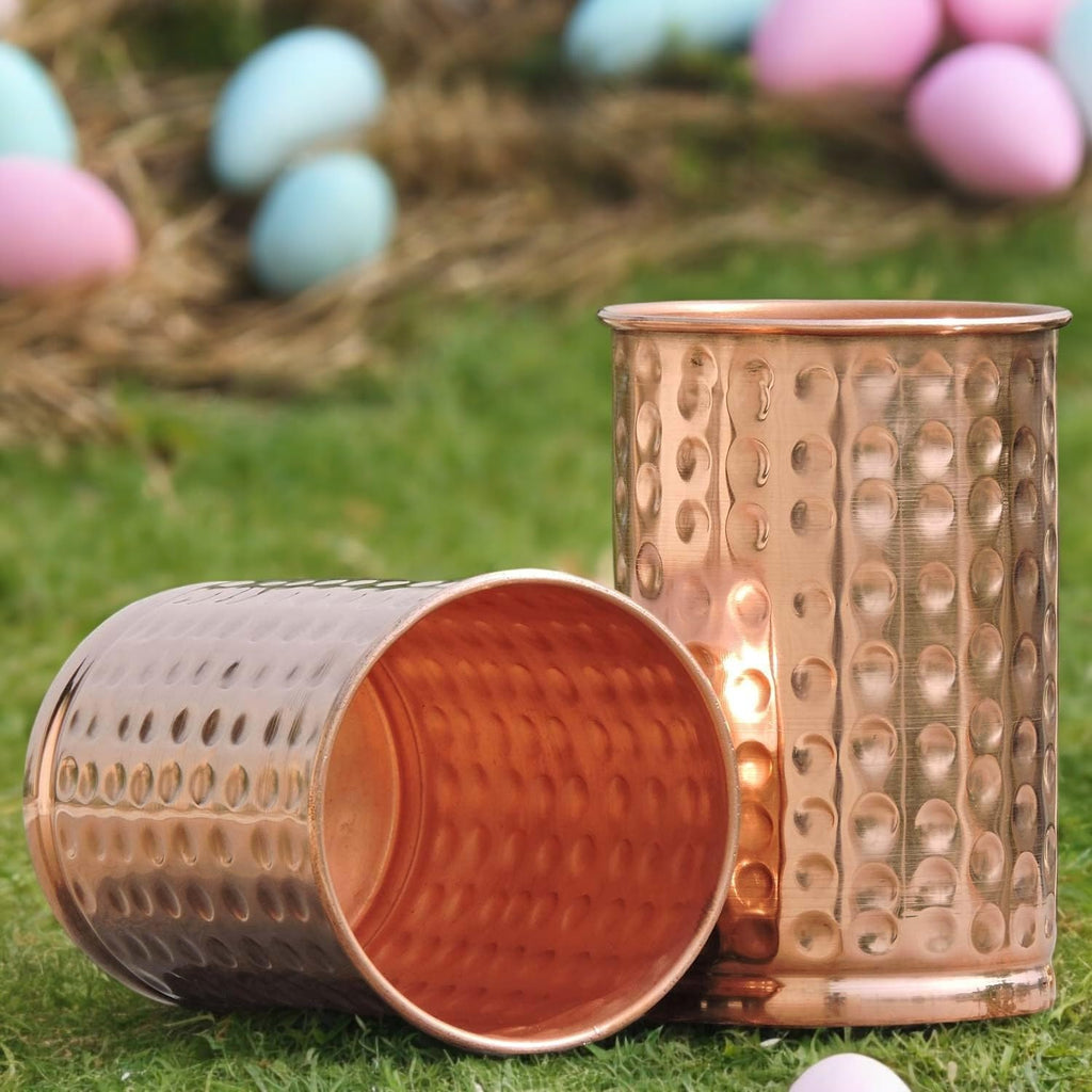 HEALTHANDWEALTH Set of 2 Hand Crafted Hammered Copper Tumbler | Pure Copper Water Mug | 300 Ml Water Hold for Ayurvedic Health Benifits (Hammered)