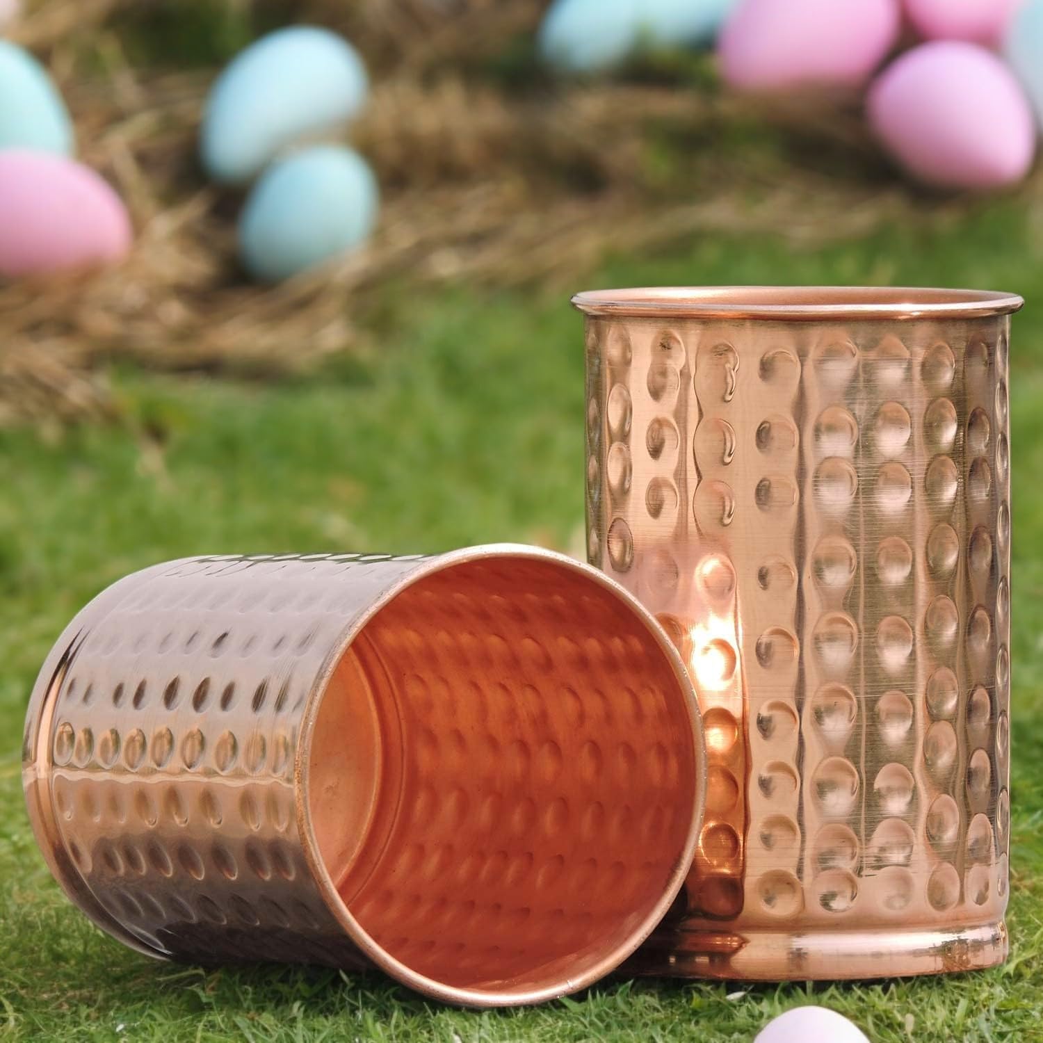 HEALTHANDWEALTH Set of 2 Hand Crafted Hammered Copper Tumbler | Pure Copper Water Mug | 300 Ml Water Hold for Ayurvedic Health Benifits (Hammered)