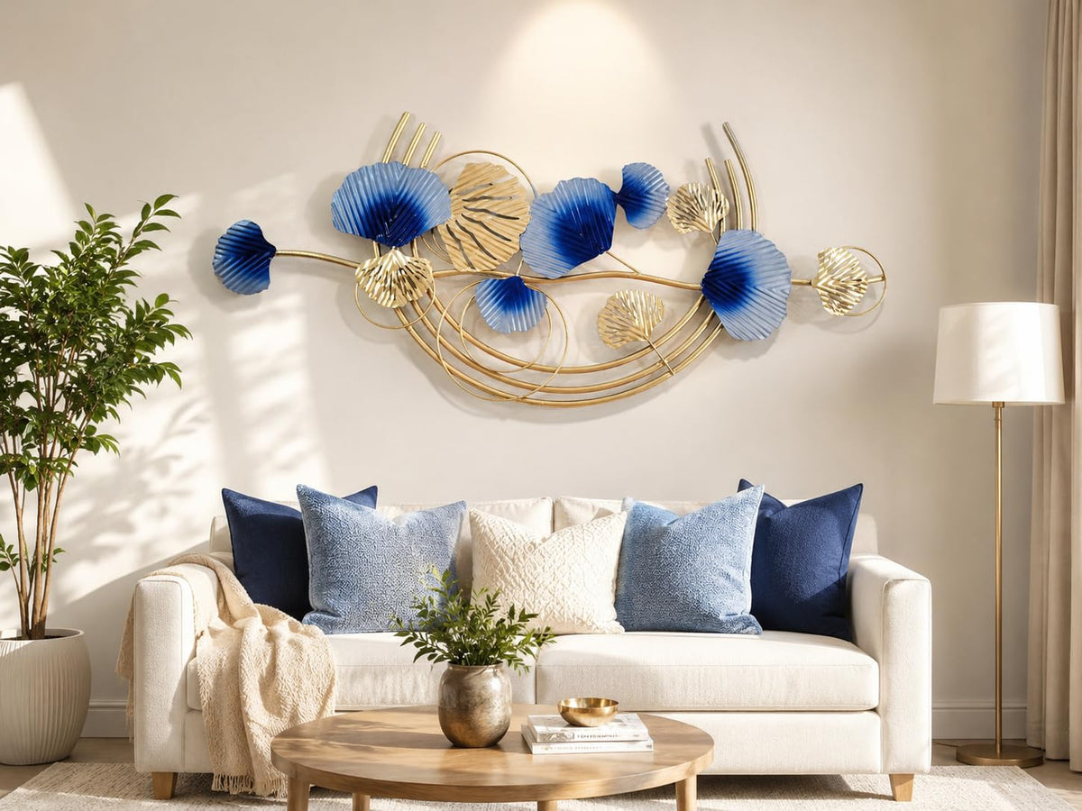 Mahira Artefacts Luxury Metal Wall Art, Blue and Gold Ginkgo Leaf, 3D Floral Design, Modern Decor for Living Room and Bedroom