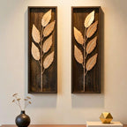 DSH Leaf Wall Art Panels Modern Rustic Home Décor Wall Hanging Sculpture for Living Room, Bedroom & Office (45X15 CM) Decoration Item (Titan Leaf, 2 Frames)
