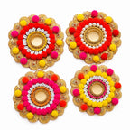 Rajasthan Kraft Handmade Tealight Candle Holder Set of 4 for Diwali Decoration | Decorative T-Light Holder with Cowrie Shell & Pom Pom Design | Festive Home Décor for Puja, Rangoli, Wedding | 3x3 Inch