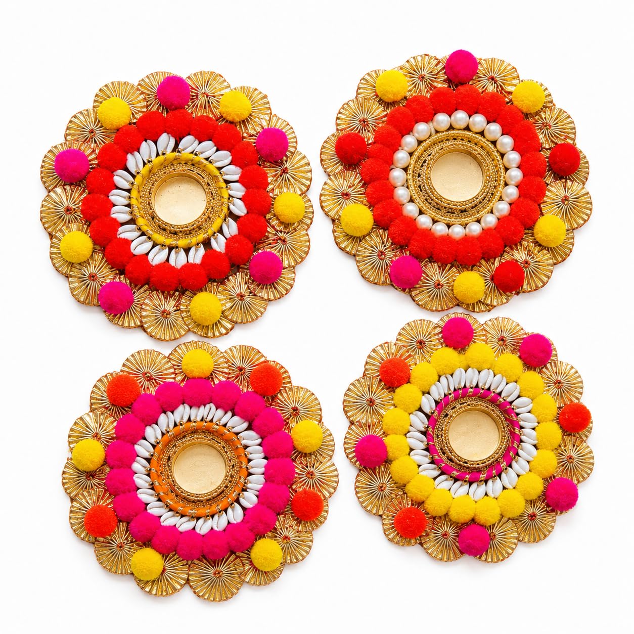 Rajasthan Kraft Handmade Tealight Candle Holder Set of 4 for Diwali Decoration | Decorative T-Light Holder with Cowrie Shell & Pom Pom Design | Festive Home Décor for Puja, Rangoli, Wedding | 3x3 Inch