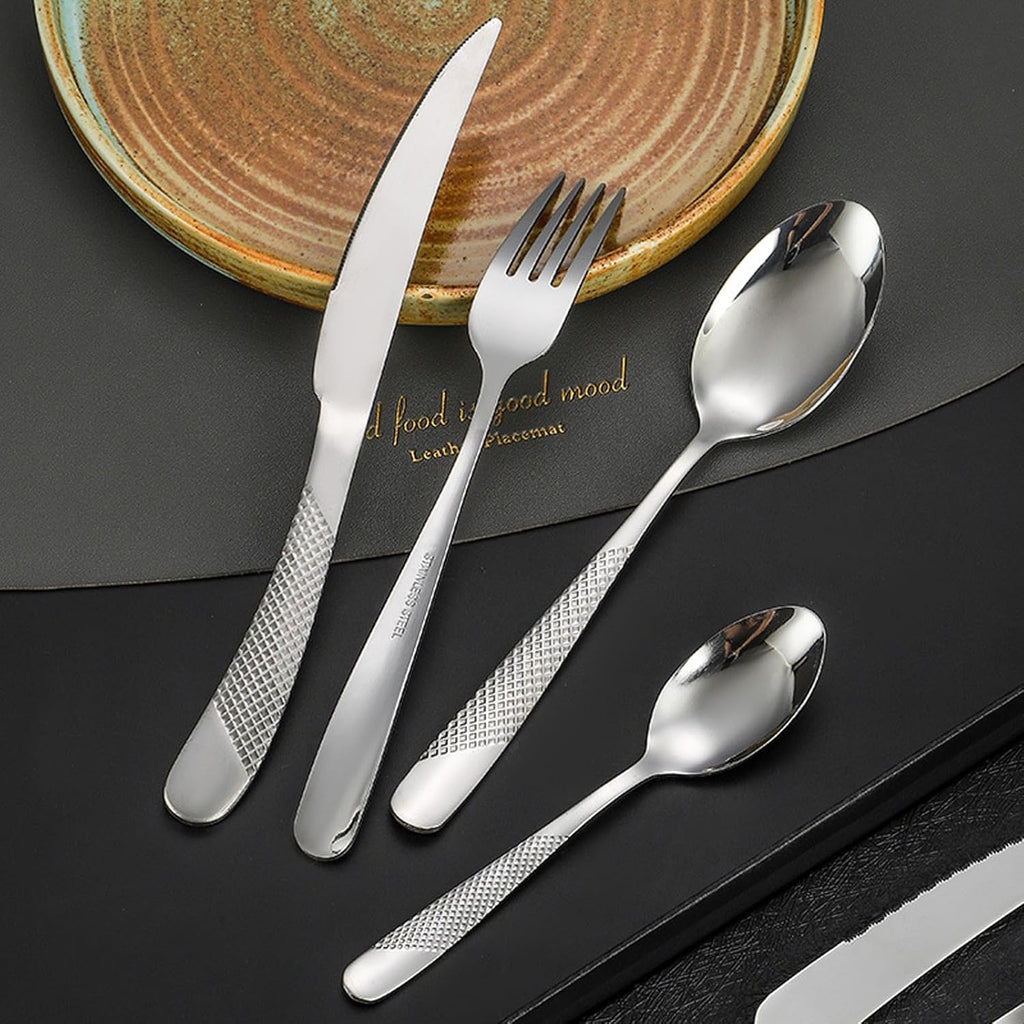 ANH MART Mirror Finish Silver Plated Stainless Steel Flatware Set Copper Silverware Set Rose Gold Spoon Color Cutlery Set [Dinner Fork-Tea Spoon-Salad Spoon-Knife] Set of (Silver DOT, 32)