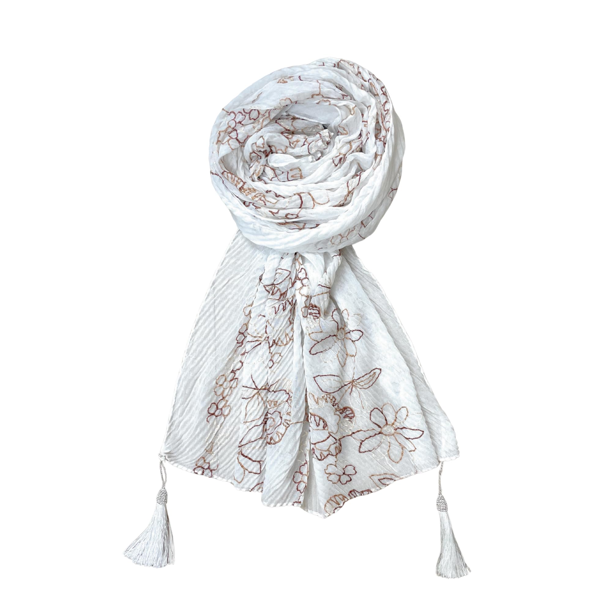 FAHABO Scarf Woman Pleated Cotton Scarves with Embroidery and Tassels | Hijab Scarf | Headscarf | Neck Scarf | Stoles | Wraps (Fairy Tale White -1)