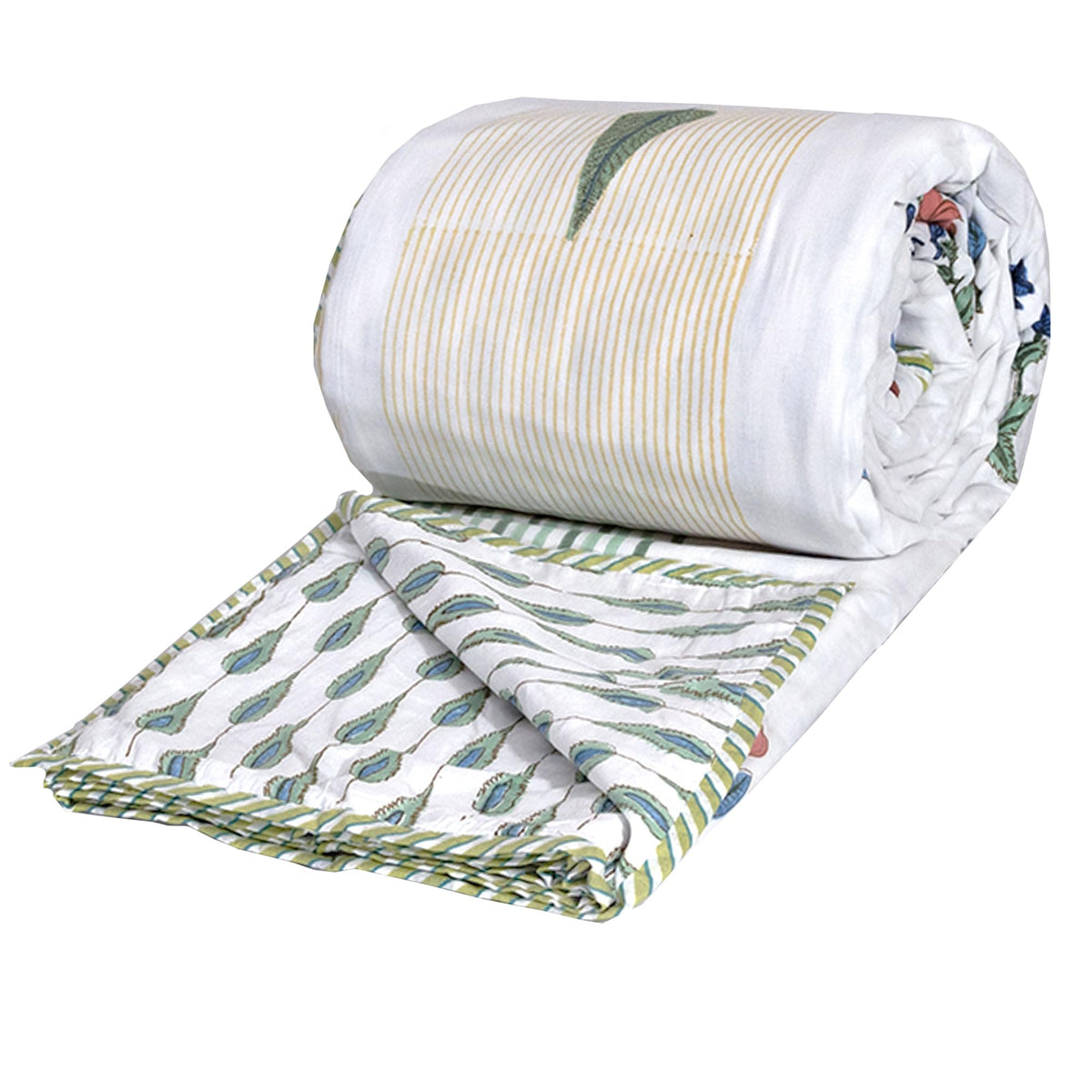 TOAIArt Premium Jaipuri Dohar | AC Blanket Summer Quilt | Hand Block Printed | 3 Layers | Reversible | 150GSM 100% Mulmul Cotton | 100% Cotton Flannel Filling | Queen 90 X 108 |Floral Panel Kafalo