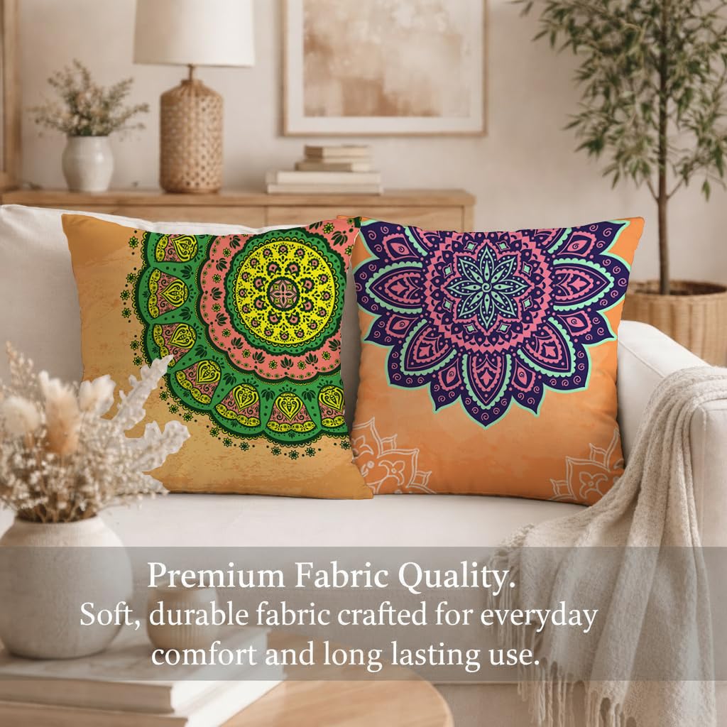 STITCHNEST Set of 2 Gajraj Folk Art Collection Printed Jute Cushion Covers 16x16 Inches | Decorative Throw Pillow Covers for Sofa, Living Room, Bedroom | Perfect for Home Decor