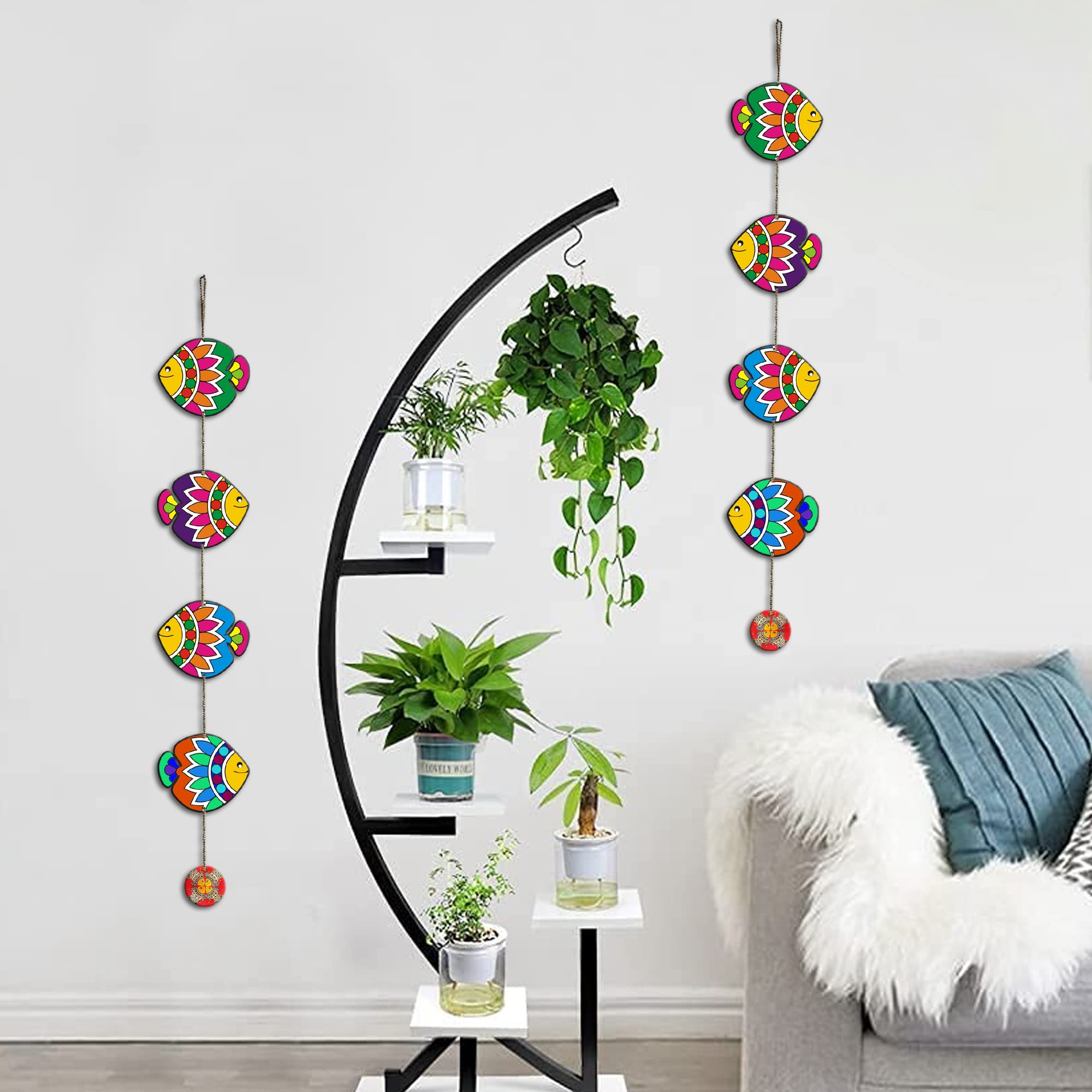 Artvibes Colorful Artistic Fish Decorative Wall Hanging Ornaments | Living Room | Office | Wall Art Painting For Hall | Graphic Artwork | Aesthetic Wooden Decor | Ideal Gifts (WH_5217N), Set of 2