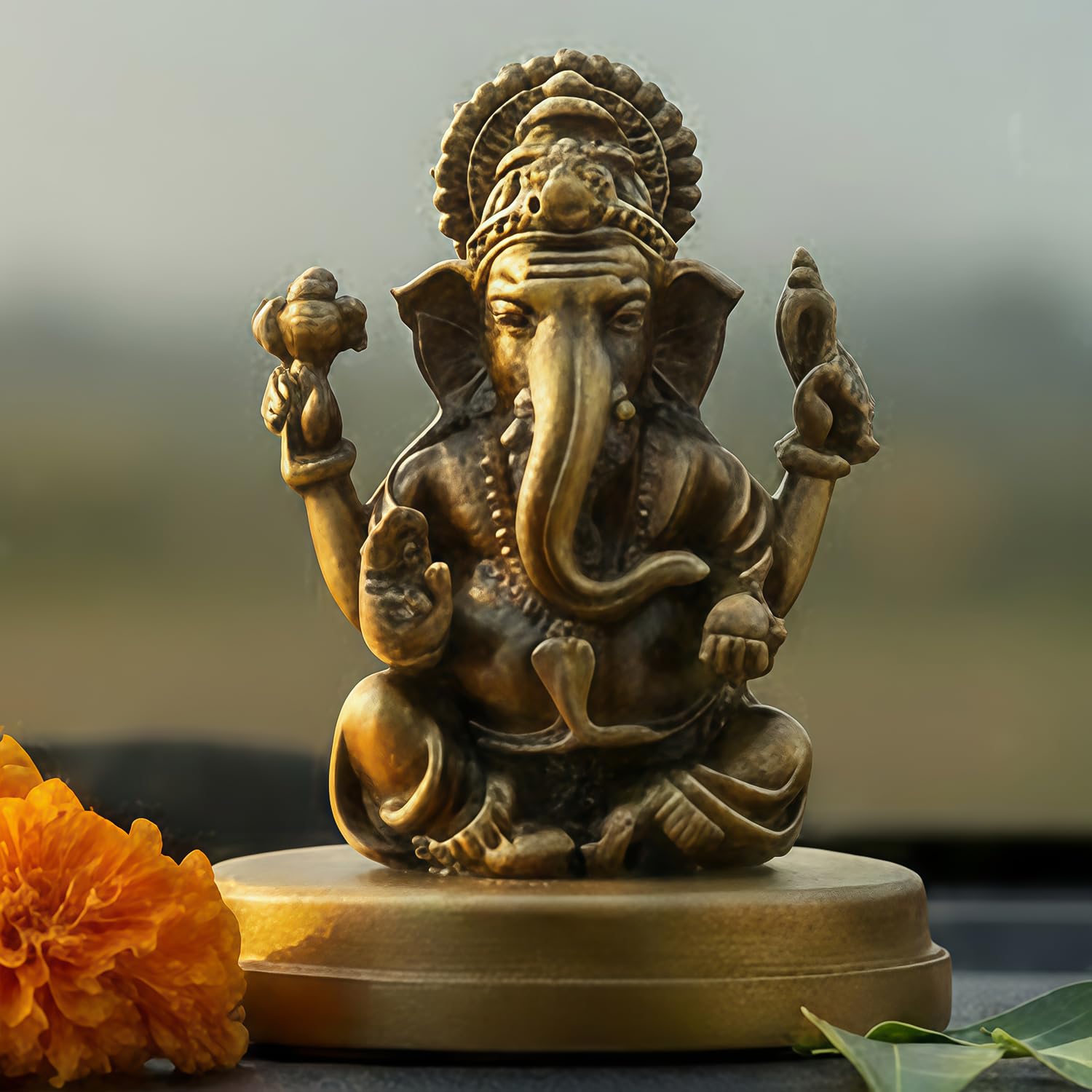 Shilpkala 2.5 Inch Brass Ultra Fine Sarp Ganesh Small Brass Ganesha Idol for Car Dashboard & Office Decor