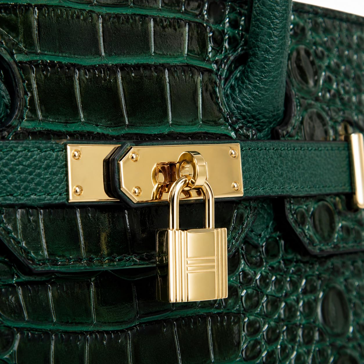 LOVHIDE Women's Crocodile Pattern Handbag | Premium Patent Leather Tote Bag | Elegant Top Handle Shoulder Purse with Lock Closure | Dark Green