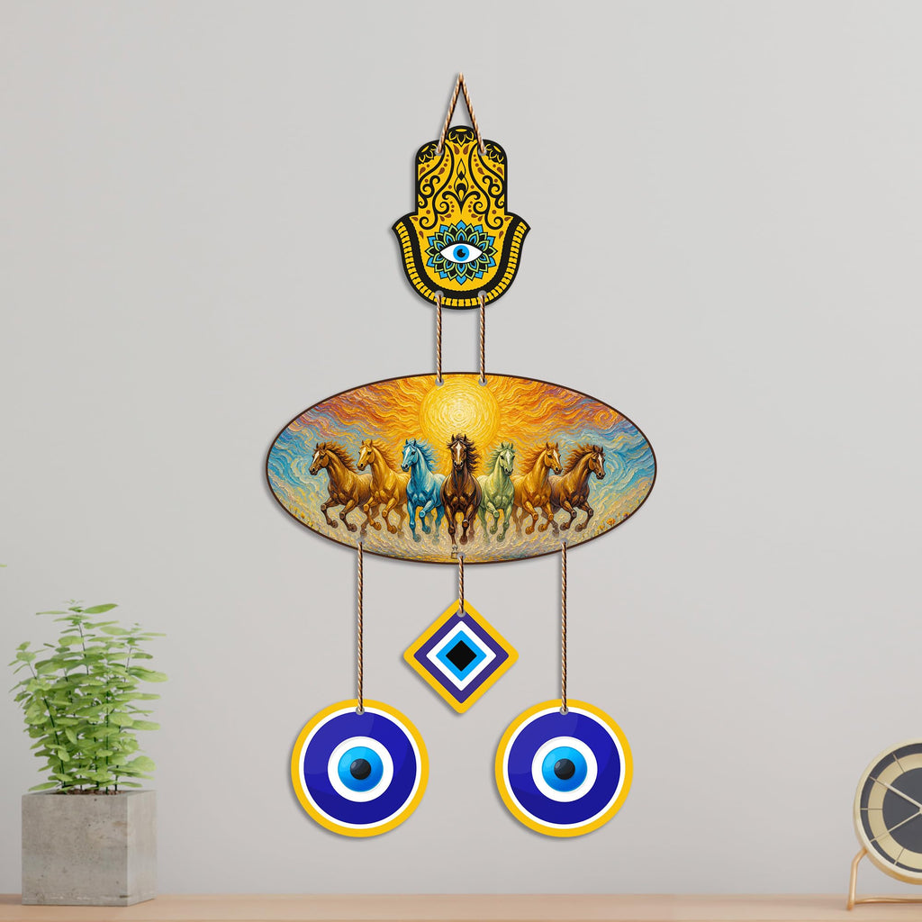 Artvibes Premium Seven Running Horses Evil Eye Wall Decor for Home Entrance | Lucky Vastu Wall Hanging for Success Prosperity Wealth and Positive Energy | Living Room | Office | Gift Item (WH_85133N)