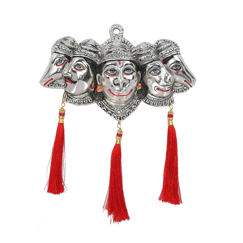 KridayKraft Metal Panchmukhi Hanuman Ji Murti for Door Entrance Statue Wall Hanging Showpiece with Silk Latakan in Gold Finish (Silver)