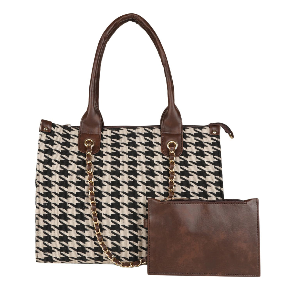 MINI WESST Women's Printed Synthetic Leather Tote Bag for Office, College and Party (Black) (Brown Black check)