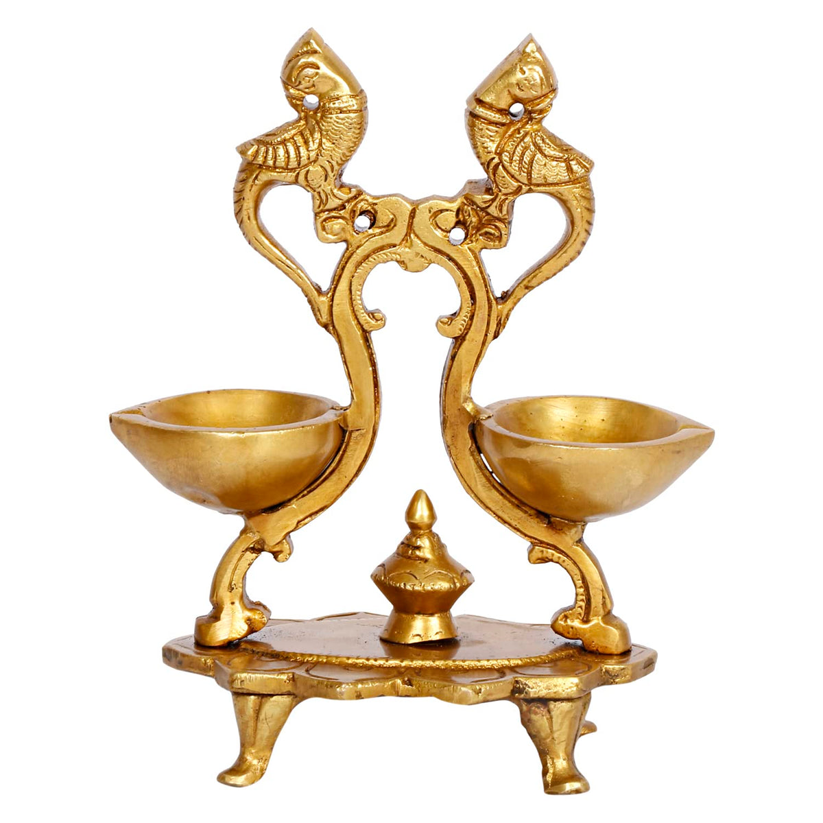 Artvarko Brass Peacock Bird Double Oil Lamp for Pooja Engraved Design Table Diya Beautifully Carved Deepak for Temple Decoration 6.5 Inch