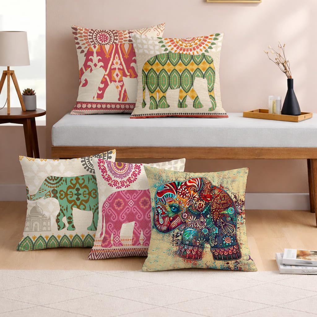 STITCHNEST Set of 5 Gajraj Folk Art Collection Printed Jute Cushion Covers 24x24 Inches | Decorative Throw Pillow Covers for Sofa, Living Room, Bedroom | Perfect for Home Decor