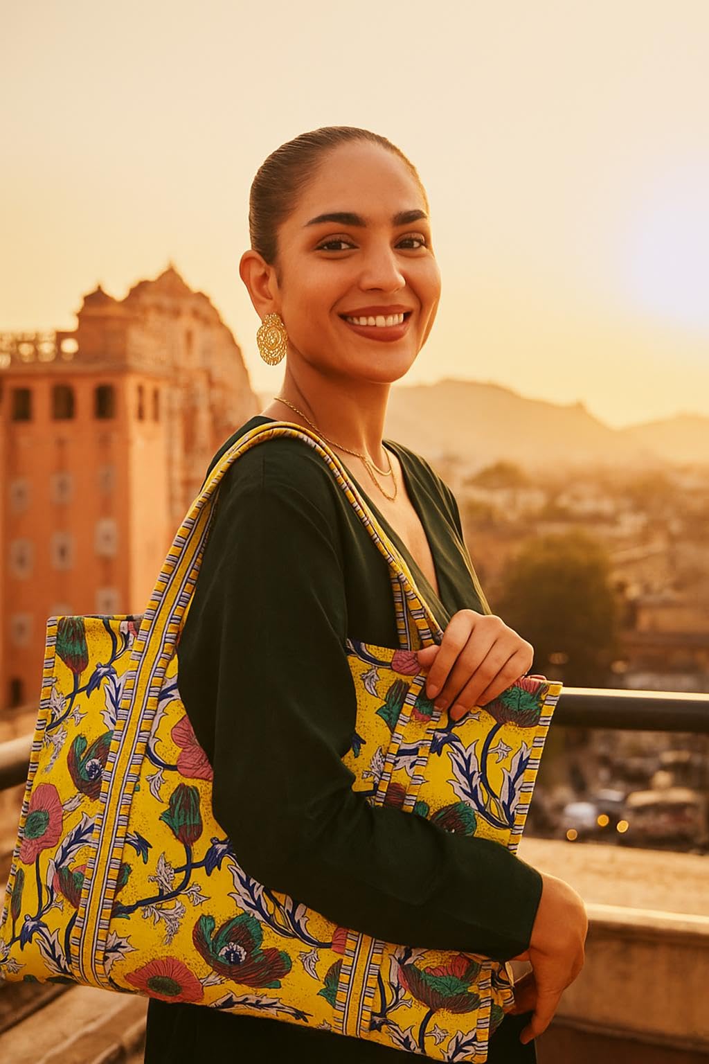 HOUSE OF GULAB Tote Bag with Long Handler & Inside Pocket (Yellow)