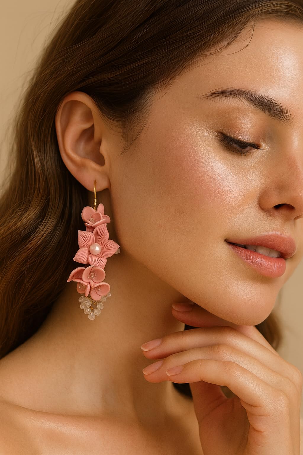 Handmade Pink Floral Clay Earrings for Women | Lightweight Polymer Clay Earrings with Pearls & Crystal Beads | Statement Dangle Earrings | Ethnic Wedding & Festive Jewelry Gift