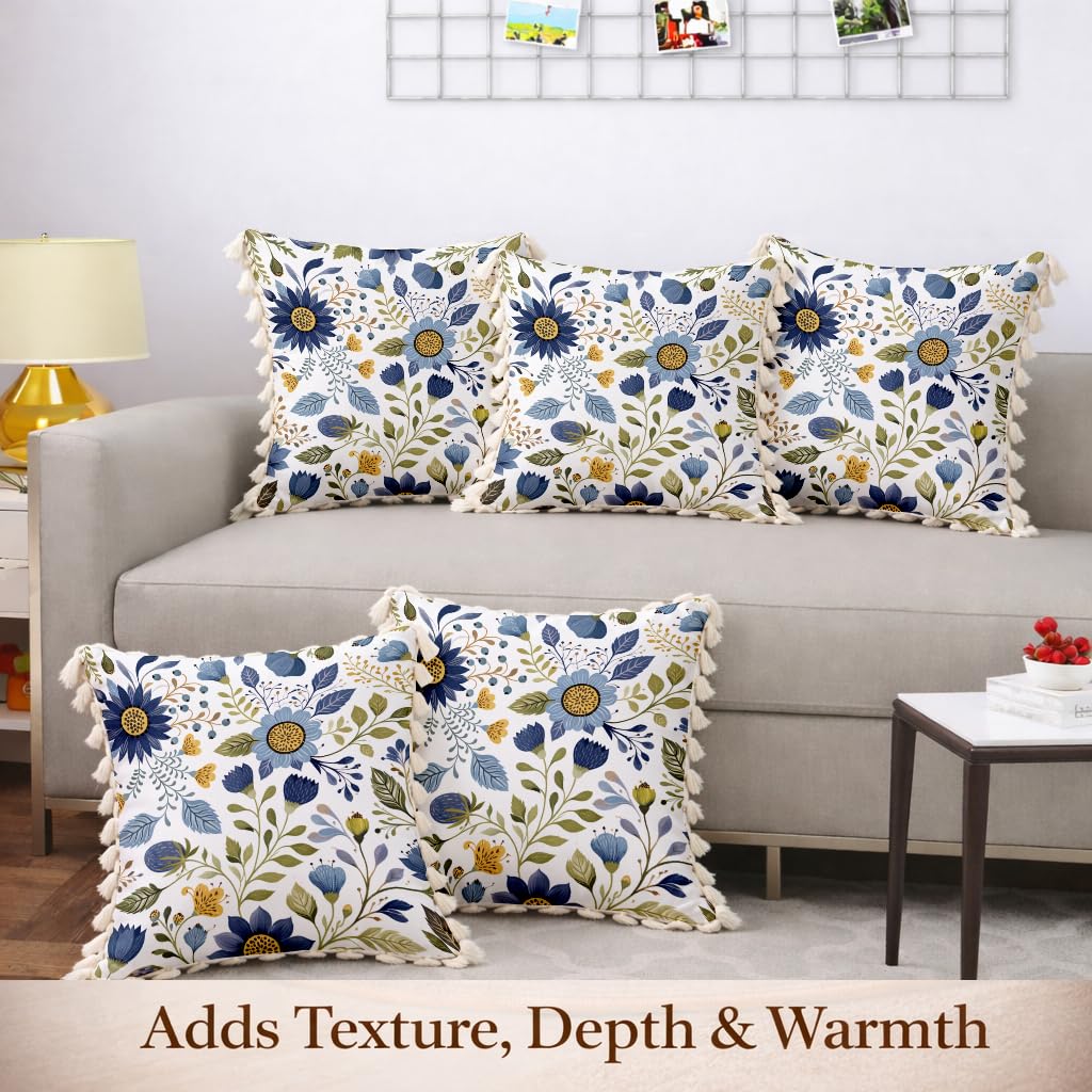 STITCHNEST 'Little Meadow Series' Tassled Cushion Cover | Set of 5 | Floral Cushion Cover 16 inch x 16 inch