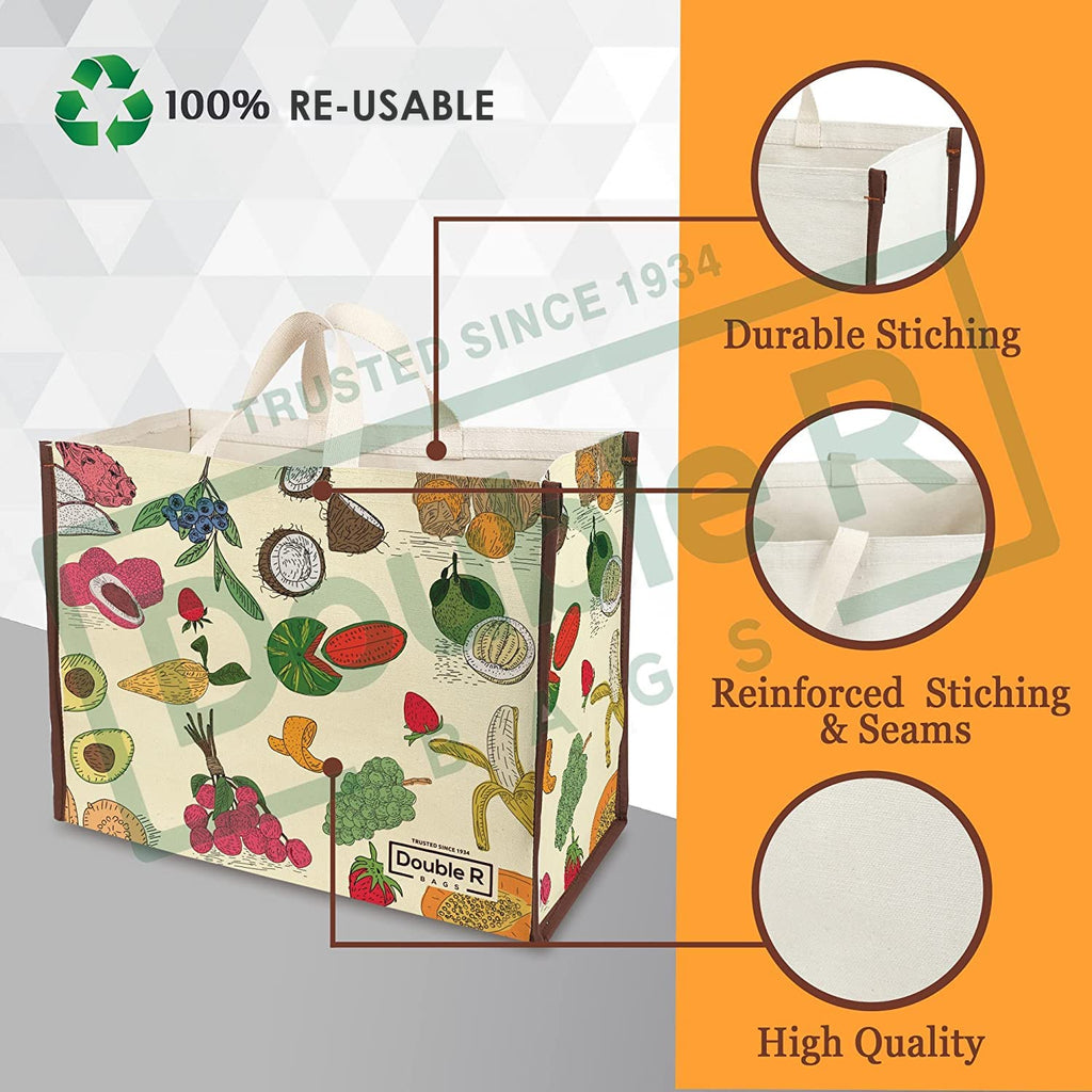 DOUBLE R BAGS Heavy Duty Cotton Canvas Grocery Shopping Bag | Eco-Friendly Cloth Tote for Vegetables, Milk, Fruits & Lunch | 33x44.4x20.3cm | 1 Compartment | Pack of 3 Fruit Print