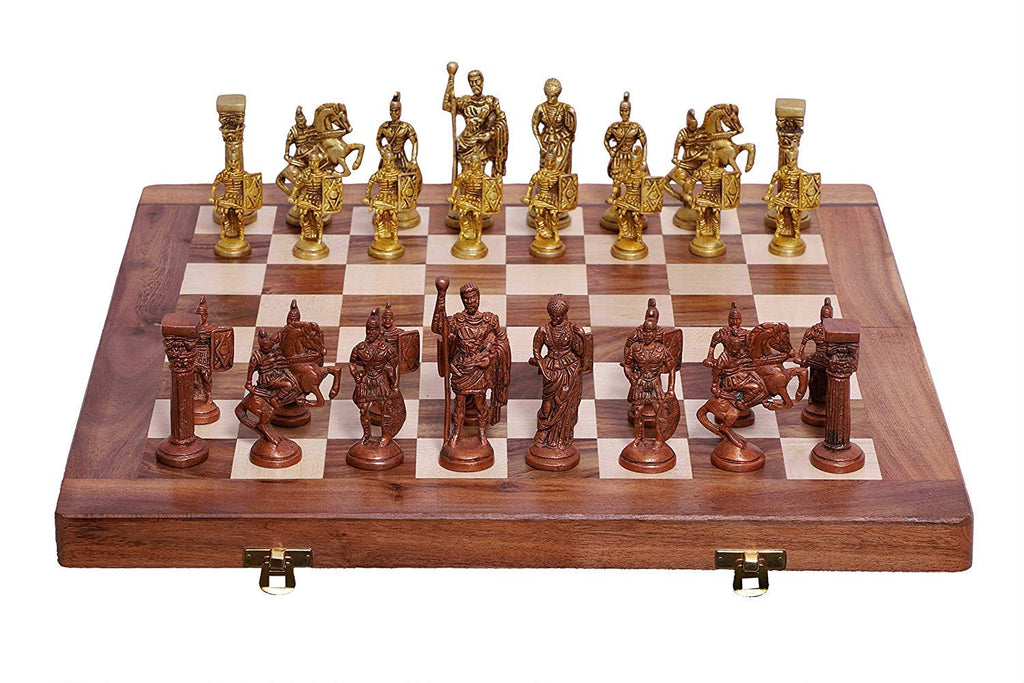 Svarup 16x16 Wooden Folding Chess Game Board Set+ Brass Roman Figure Pieces for Gifting, Home Decor & Playing.
