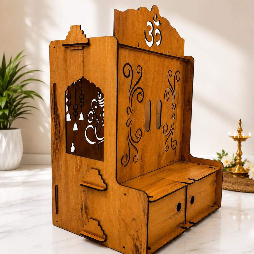Privla Wooden DIY Small Size Home Temple with Doors & Drawer | Wooden Temple for Idols Wood Temple Lord Ganesh JI Design | Wall Hanging & Floor Resting Temple for Home & Office 36 * 20 * 25cm