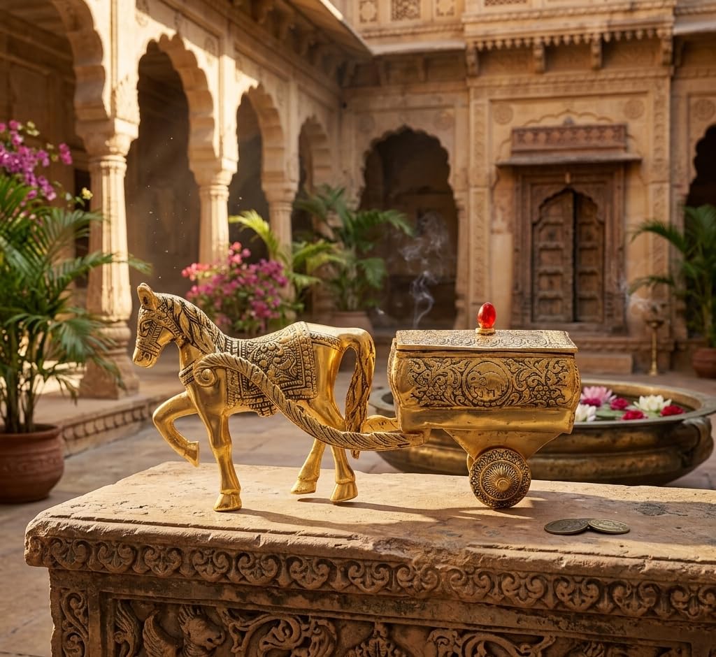 KridayKraft Horse Cart Aluminium Statue Gold Plated Horse Cart Murti Showpiece Religious Figurines Gift Article for Home and Office Table and Car Dashboard Decor (Golden)