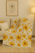 JutiePie Cotton Woven Throw Blanket with Tassels for Sofa, Bed & Couch | 3 Seater | 52x75 Inch Beige & Yellow Floral Design | Soft, Lightweight, Breathable Coverlet for Living Room, All Season Use Kafalo