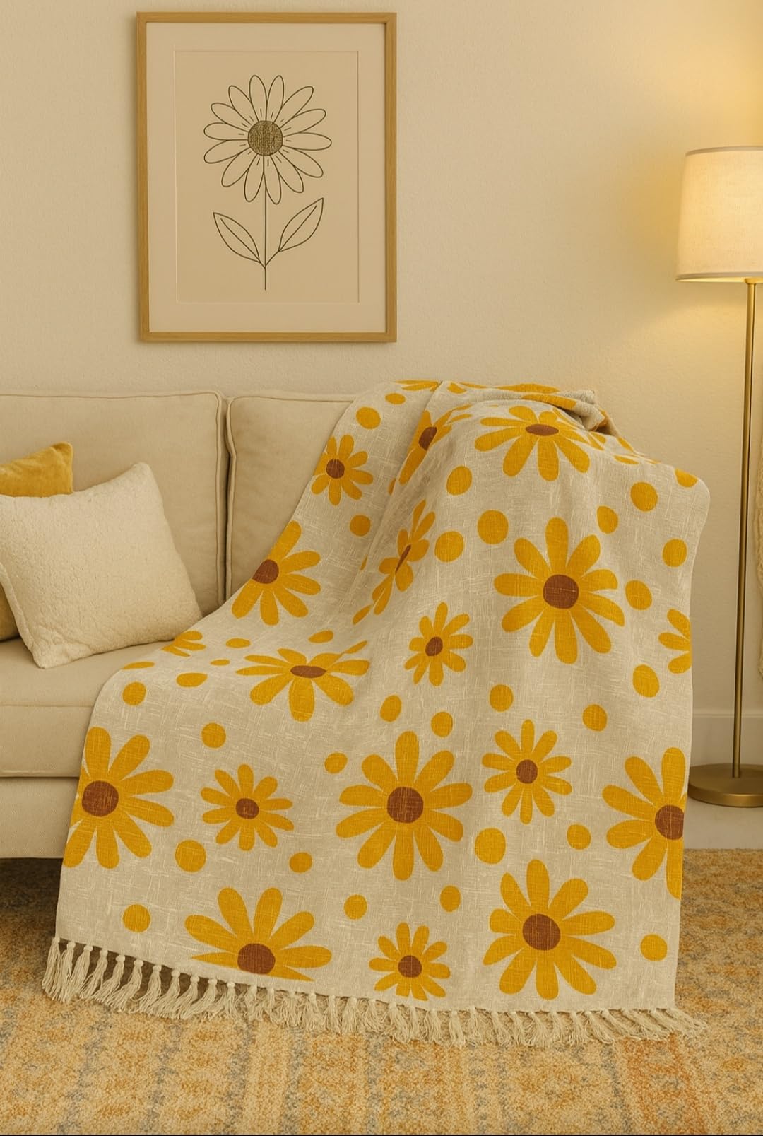 JutiePie Cotton Woven Throw Blanket with Tassels for Sofa, Bed & Couch | 3 Seater | 52x75 Inch Beige & Yellow Floral Design | Soft, Lightweight, Breathable Coverlet for Living Room, All Season Use Kafalo
