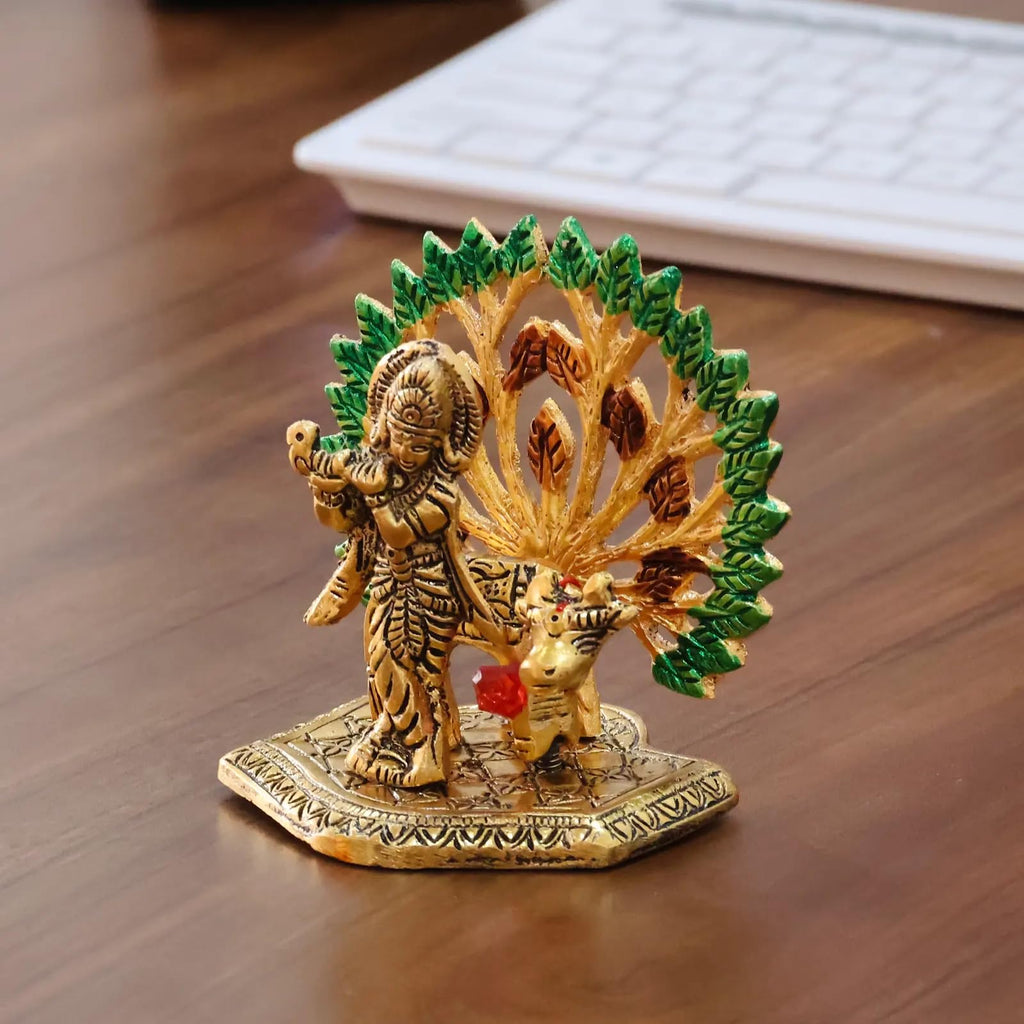KridayKraft Elegant Cowkrishna Murti – Divine Lord Krishna Idol for Home & Office Décor, Intricately Designed Pooja Statue & Spiritual Showpiece for Living Room, Bedroom, Temple (Golden)