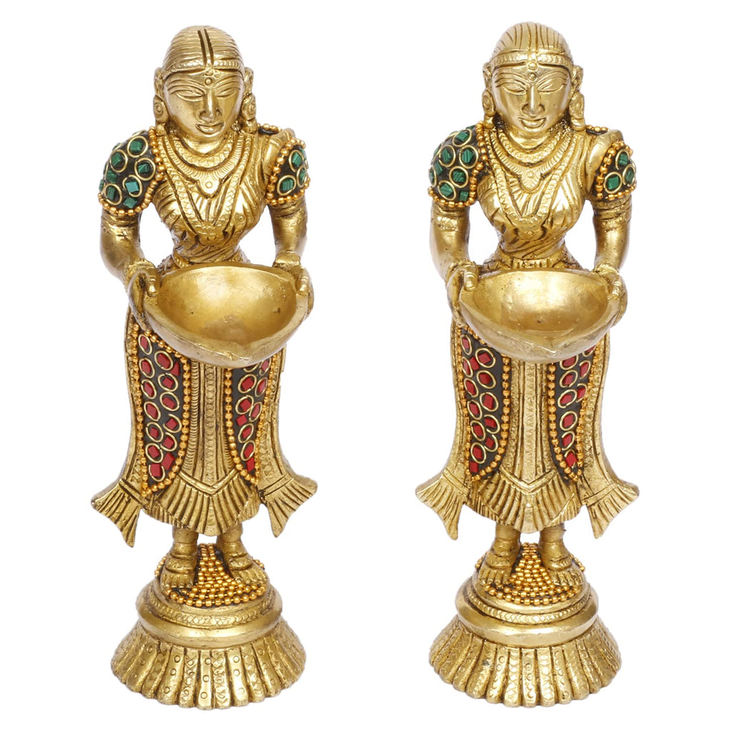 Artvarko™ Paavai Vilakku Deepam Welcome Diya Lady Pair (2 Pcs) Brass with Inlay Laxmi Deepluxmi Puja Diwali Oil Lamp Pooja Home Décor Gift 8 Inch
