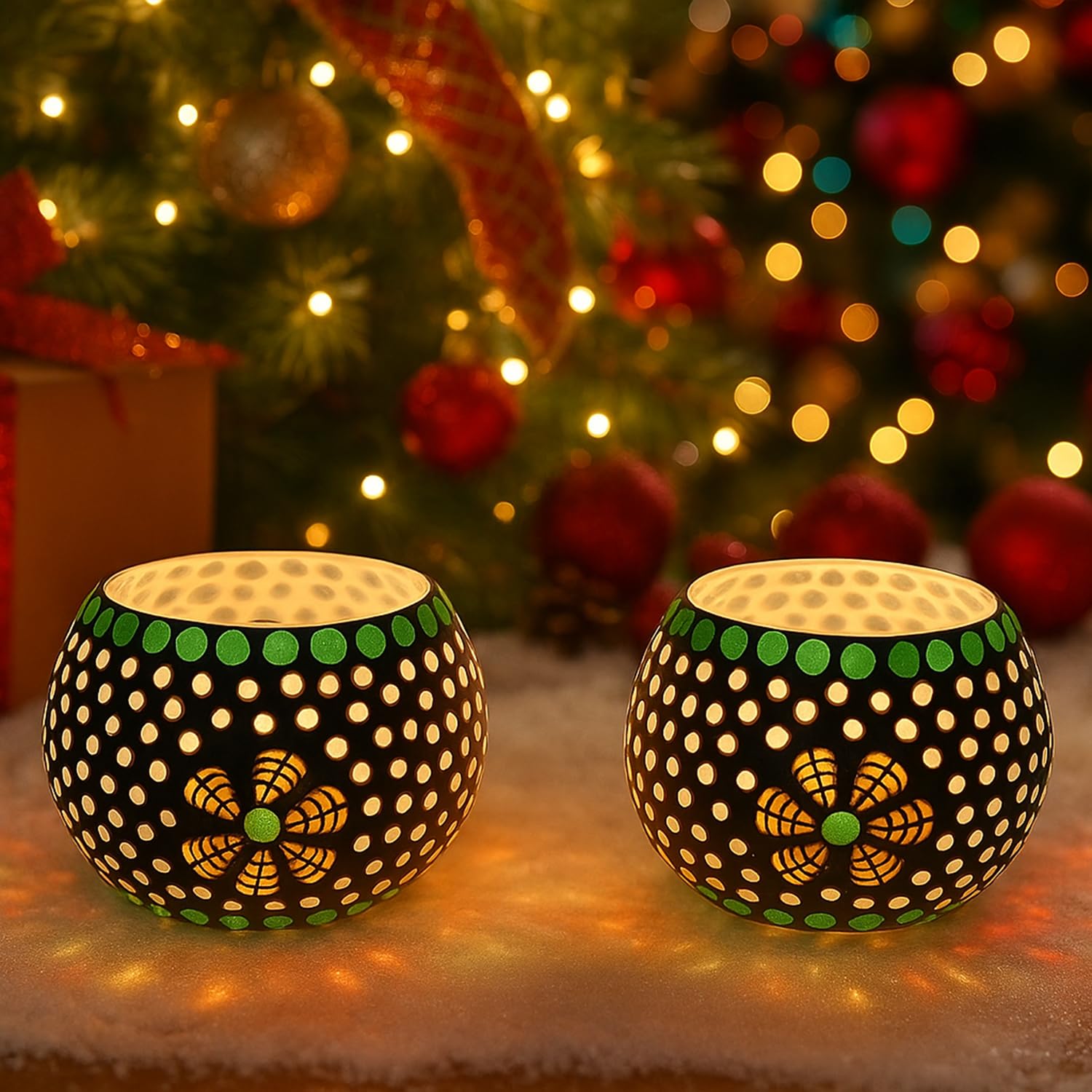 TIED RIBBONS Pack of 2 Turkish Mosaic Glass Votive Tealight Candle Holders for Table - Decorations Items for Home Decor (Glass, Multicolor) - Decor - Gifts