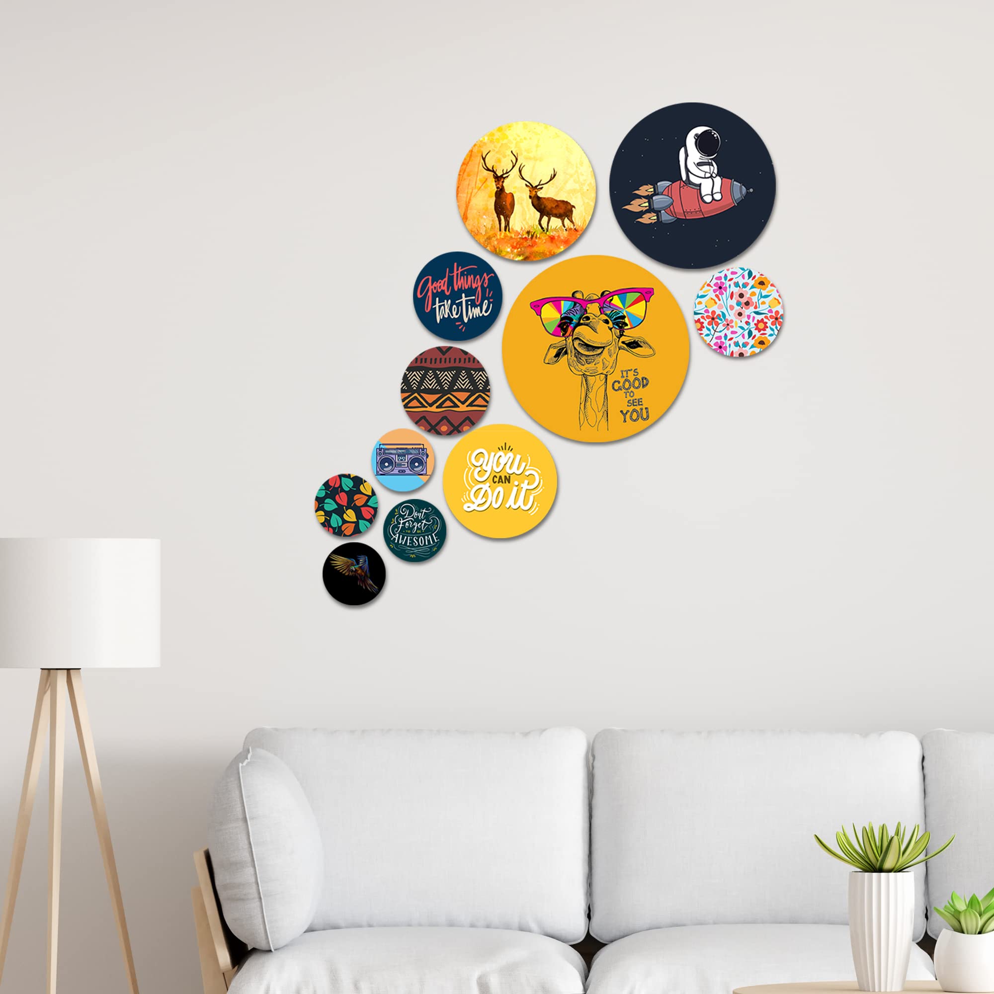 Artvibes Great Things Take Time Round Shape MDF Wooden Wall Decor Items | Motivational Wall Decor | Wall Poster | Graphic Art | Gift Items | Office Wall Decoration Items (WPS_105N), Set of 11