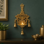 ARTVARKO Brass Diya with Three Hanging Bells on Chain Designer Lotus Kamal Wall Diya Home Office Décor Deepak Decorative Deepam Showpiece Gifting 10 Inch
