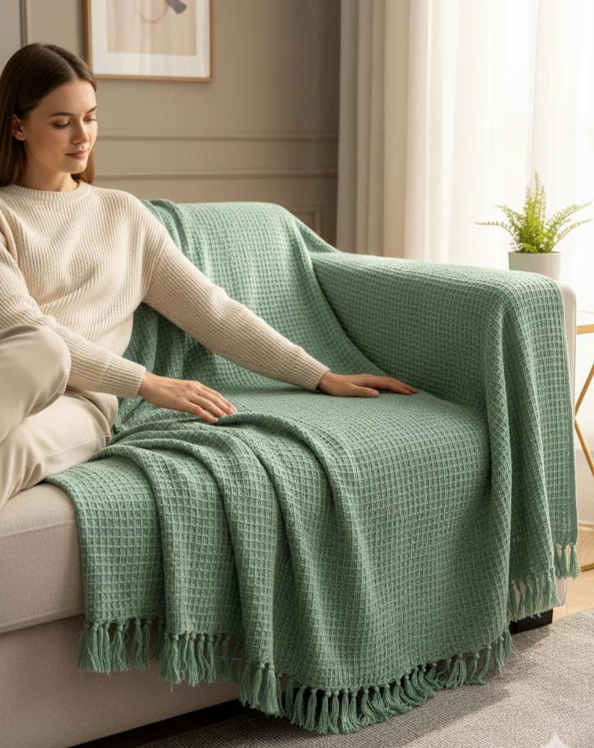 HAKAM Throw Cotton slub Waffle Weave Blanket for Sofa & Bed | Soft Lightweight Sage Green Breathable Throws with Tassels | All-Season Cosy Couch & Bed Throw (125×150 cm) Kafalo