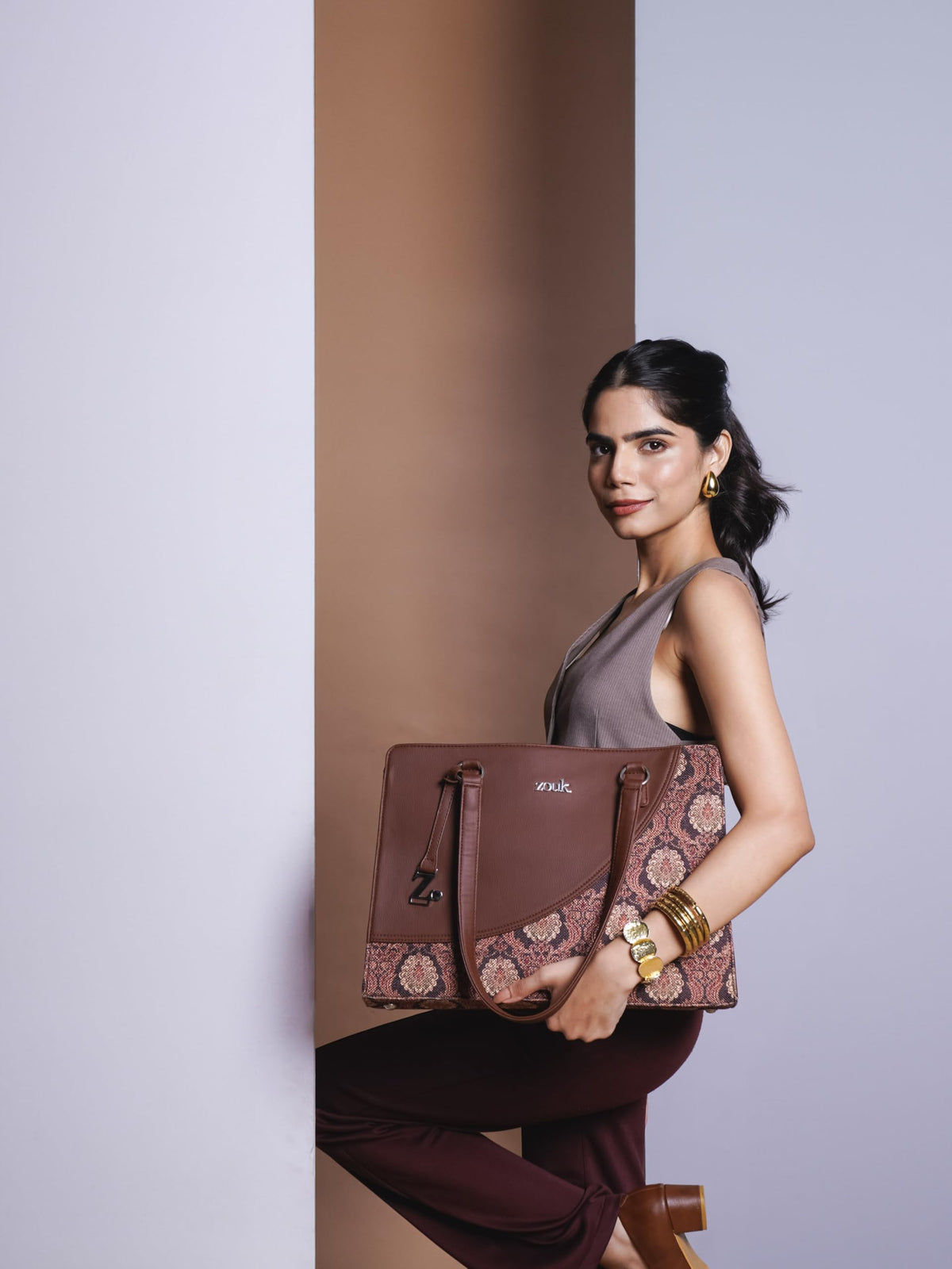 ZOUK Office Essential Bag | Jute | Vegan Leather Handcrafted Tote Bag With Double Handle Shoulder Strap | Jodhpur Damask