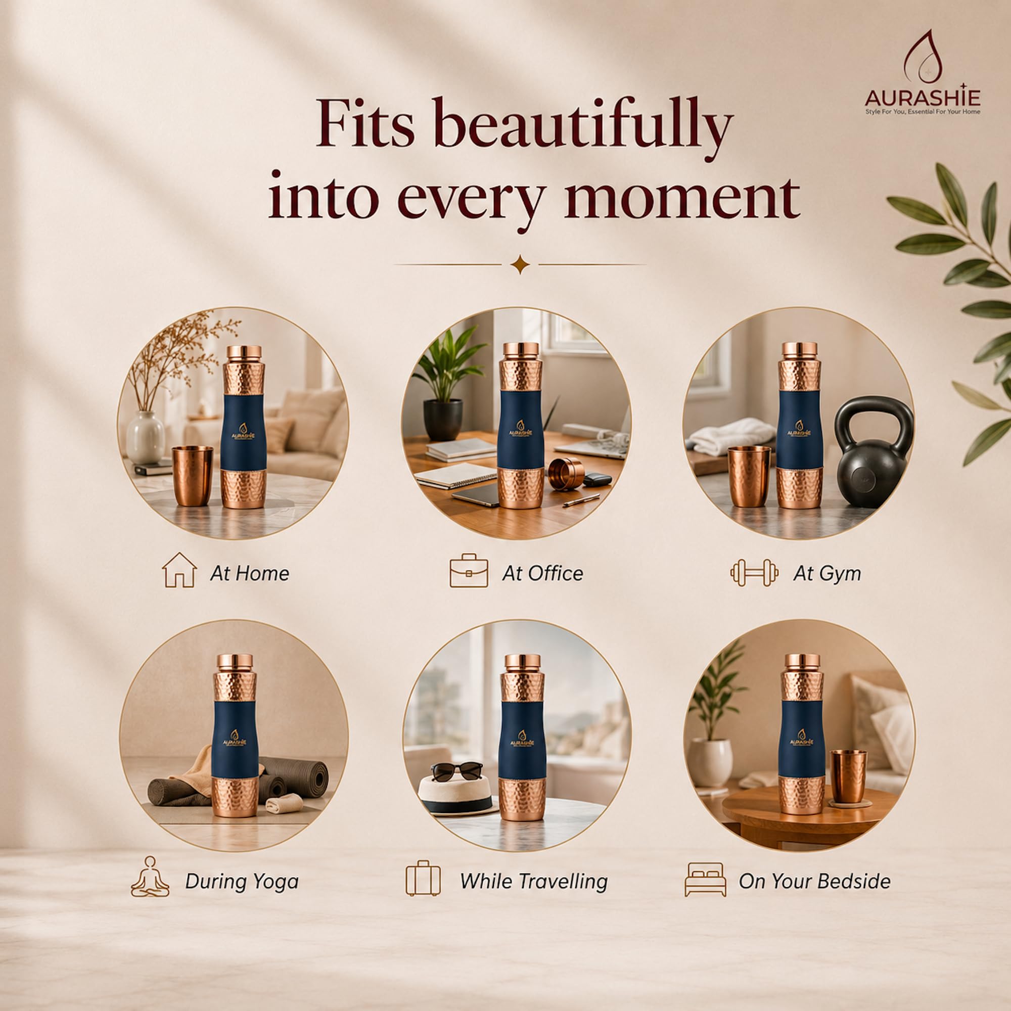 AURASHIE Pure Copper Water Bottle 1 Litre | BPA Free & Leak Proof | Copper-Infused Water | Durable & Rust Proof | Ayurveda Health Benefits - Hammered Finish (Blue Grip Sleeve)