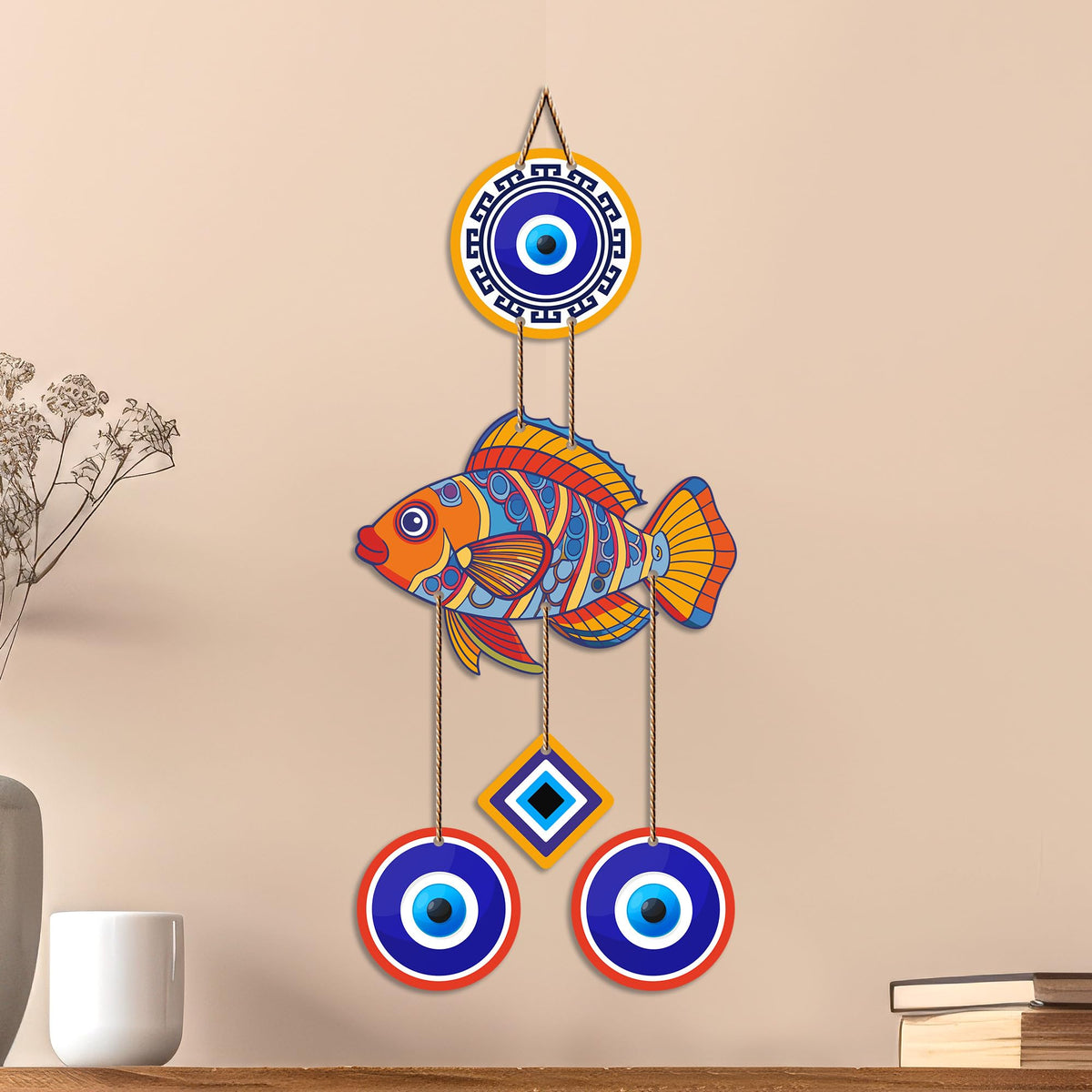 Artvibes Fish Nazar Battu Wall Hanging for Home Entrance | Evil Eye MDF Decorative Wall Art | Vastu Inspired Decor for Living Room | Office | Hallway | Lucky Charm Housewarming Gift (WH_8537N)