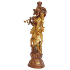 ARTVARKO Krishna Bhagwan Murti Brass Idol in Flute Playing Posture on Beautiful Pedestal Cow & Kalash Home Temple Decor Entrance Statue Brown & Gold Finish Height 29 Inch.