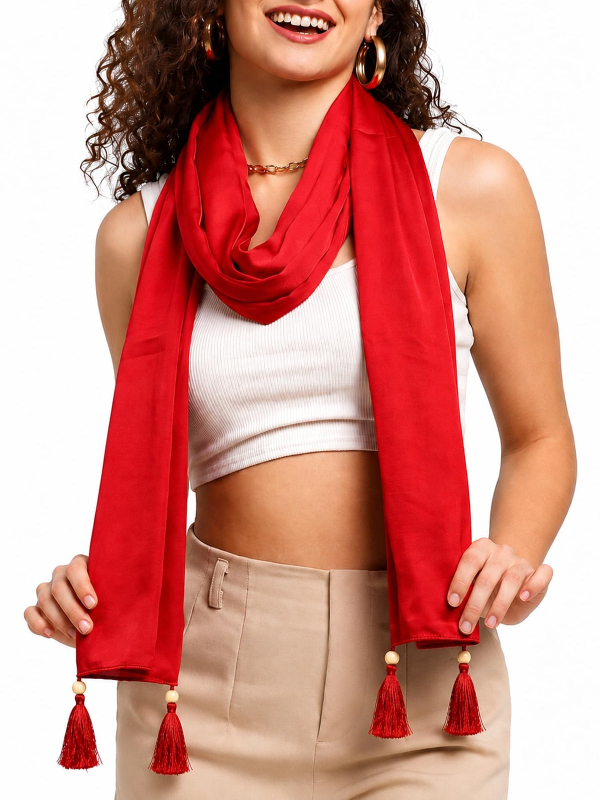GALE GIRLS Cotton Mulmul Scarf|Scarf for Women|Mulmul Stole|Soft Beach Wrap|Tassel Design|Easily fits 180 * 50cm|Red