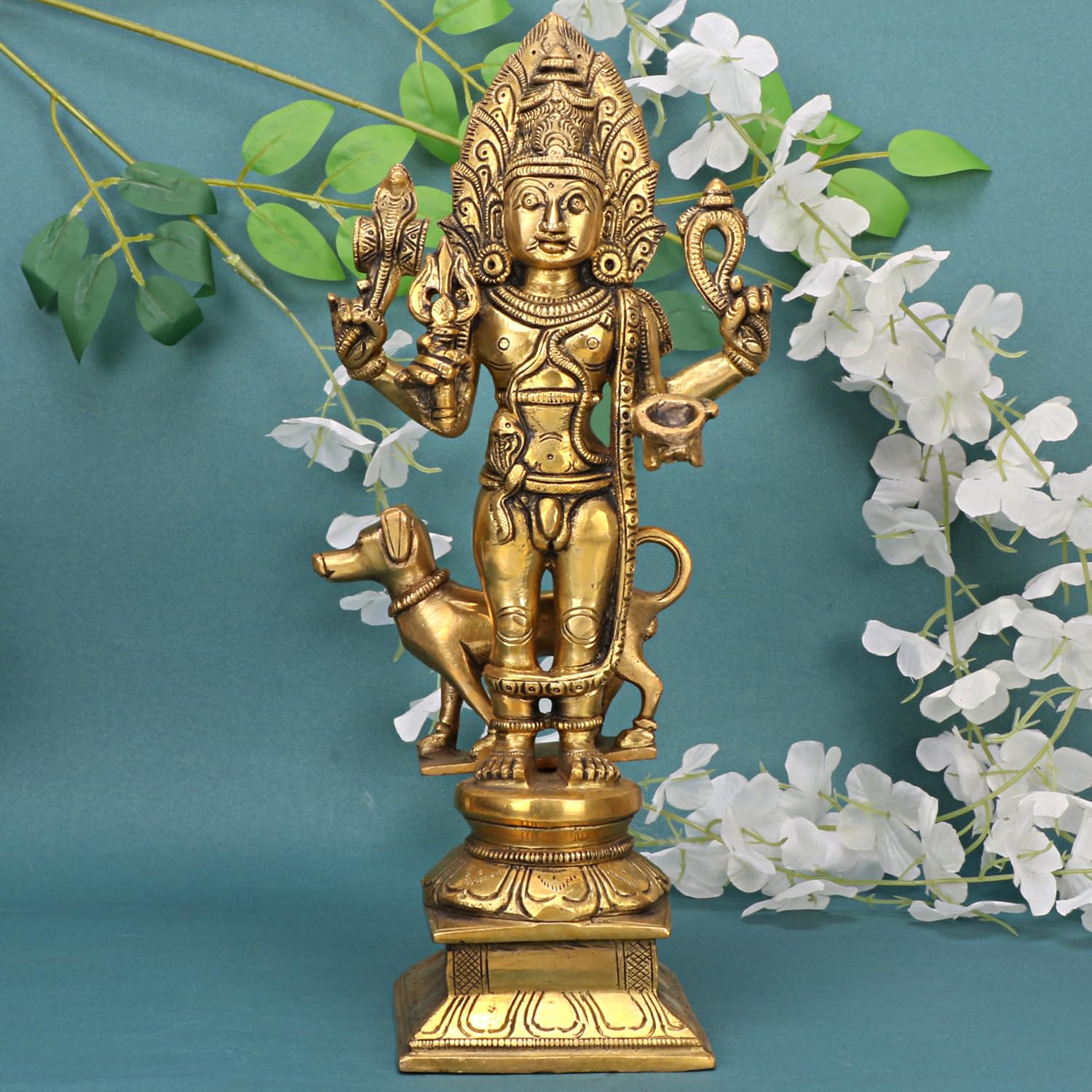 ARTVARKO Brass Bhairo Baba Murti Idol Sculpture Kaal Bhairav with Dog Mahakaal Figurine for Home Puja Temple Golden 11.5 Inch Gold