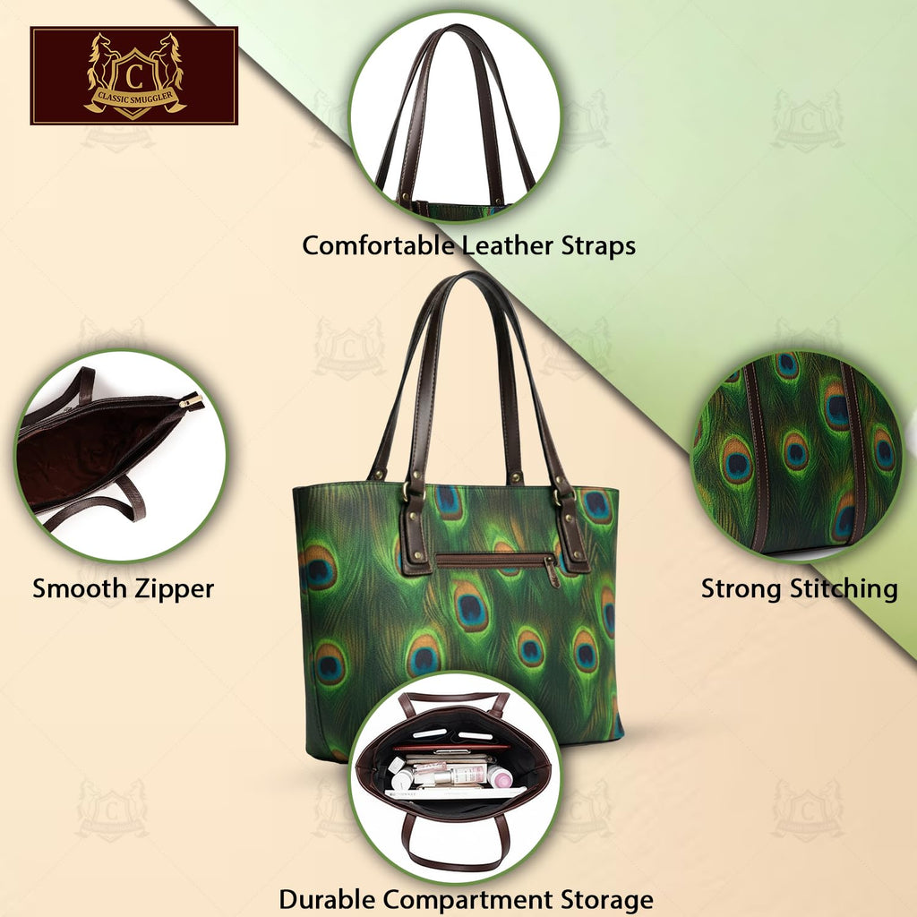 Global Impex Stylish Women’s Handbag with Peacock Print | Elegant Printed Shoulder Bag | Large Capacity Tote Bag for Daily Use, Office, College, Shopping & Travel Purse Green