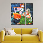 VIBECRAFTS 3 Pieces Shree Radha Krishna Playing Flute Canvas Wall Painting Fitted With Wooden Frame For Home | Office | Living Room | Gifts (PTVC3Pcs1_9551)