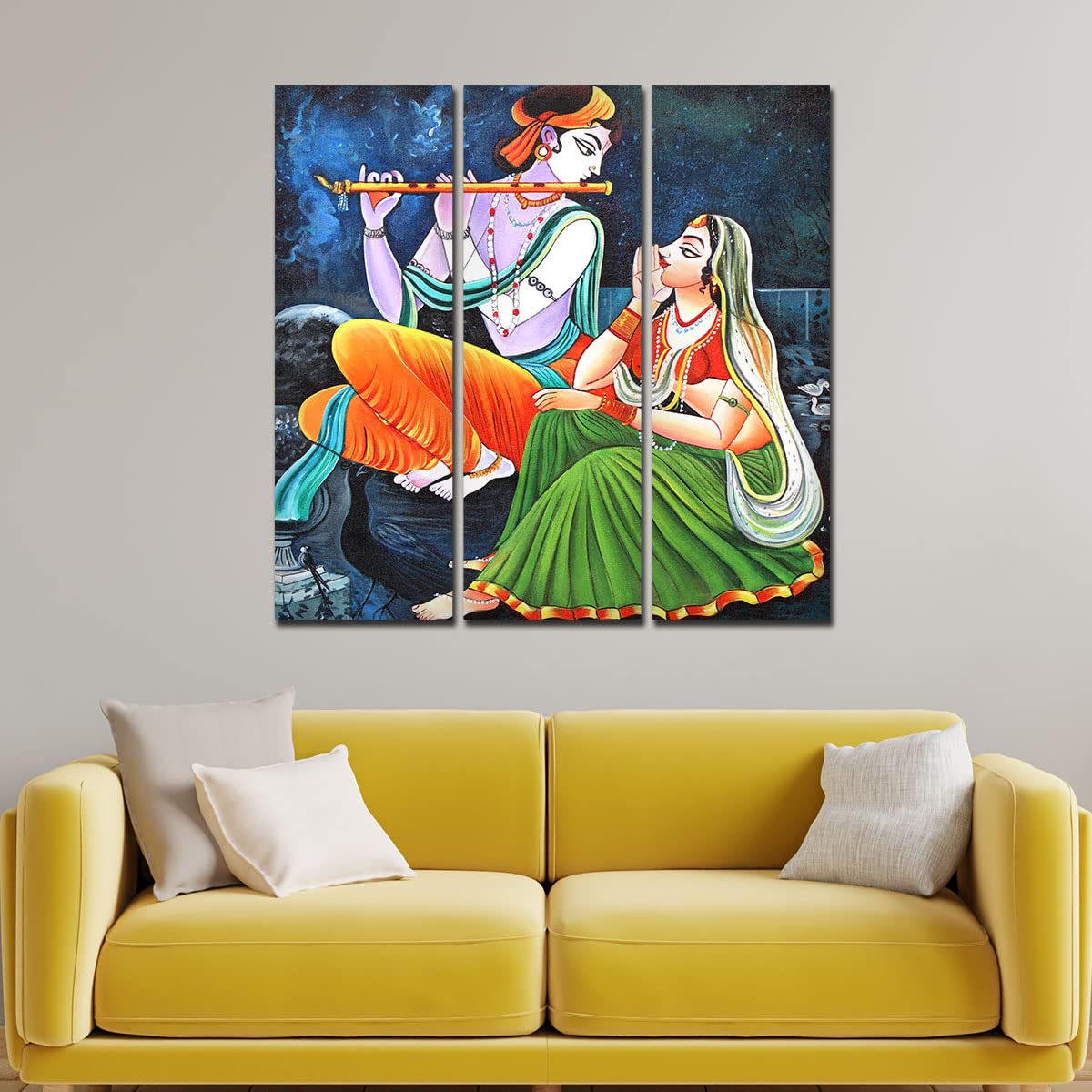 VIBECRAFTS 3 Pieces Shree Radha Krishna Playing Flute Canvas Wall Painting Fitted With Wooden Frame For Home | Office | Living Room | Gifts (PTVC3Pcs1_9551)