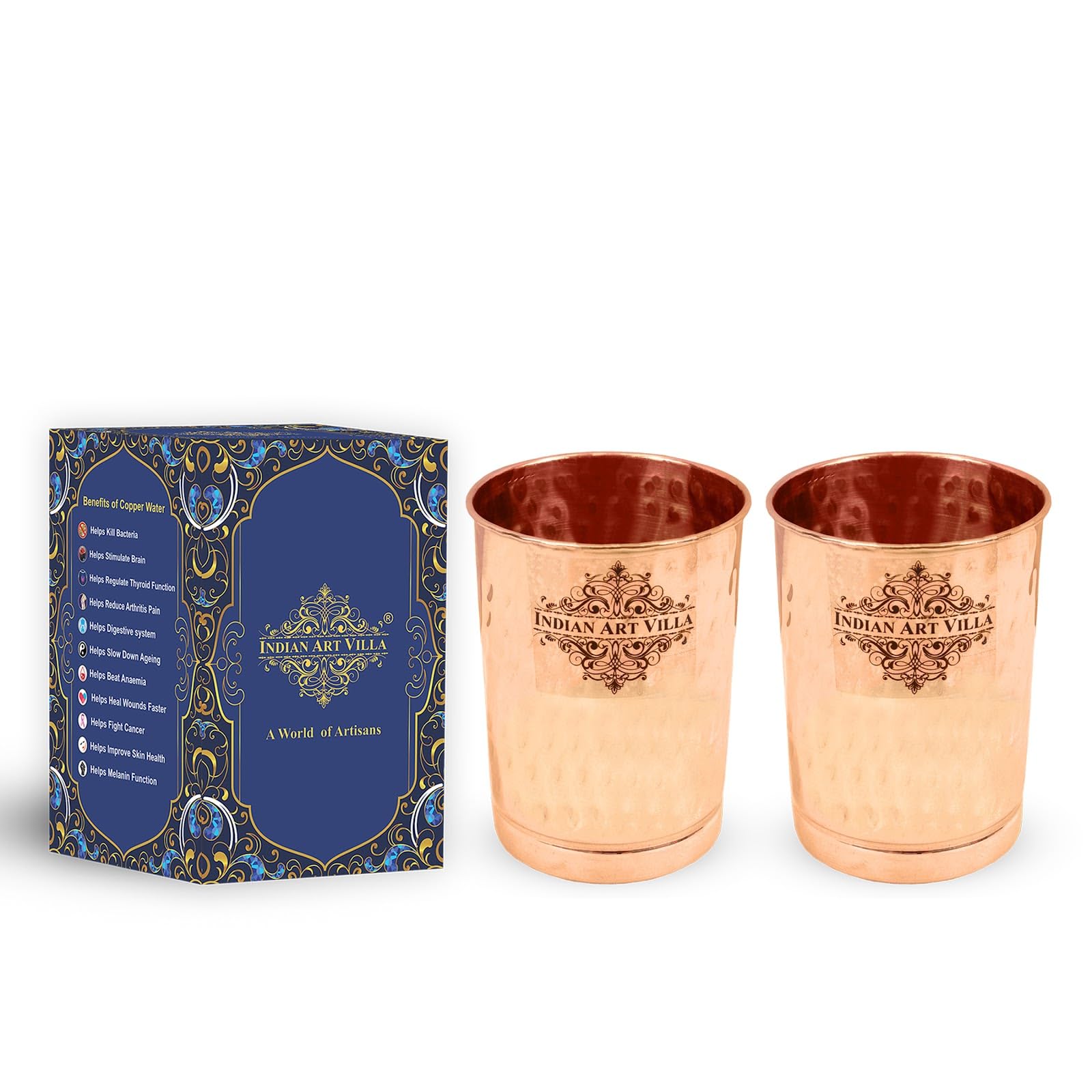 INDIAN ART VILLA Pure Copper Plain Glass with Hammered Design, Drinking Serving Water, Yoga Ayurveda, Volume-300 ml, Pack of 2
