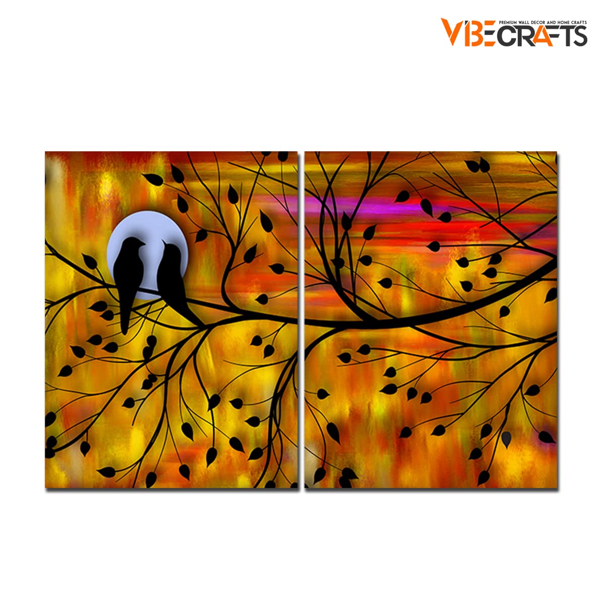 VIBECRAFTS Beautiful Bird Couple On Tree 2 Pieces Canvas Wall Painting Fitted With Wooden Frame For Home | Office | Living Room | Gifts(PTVC2Pcs1_17503)