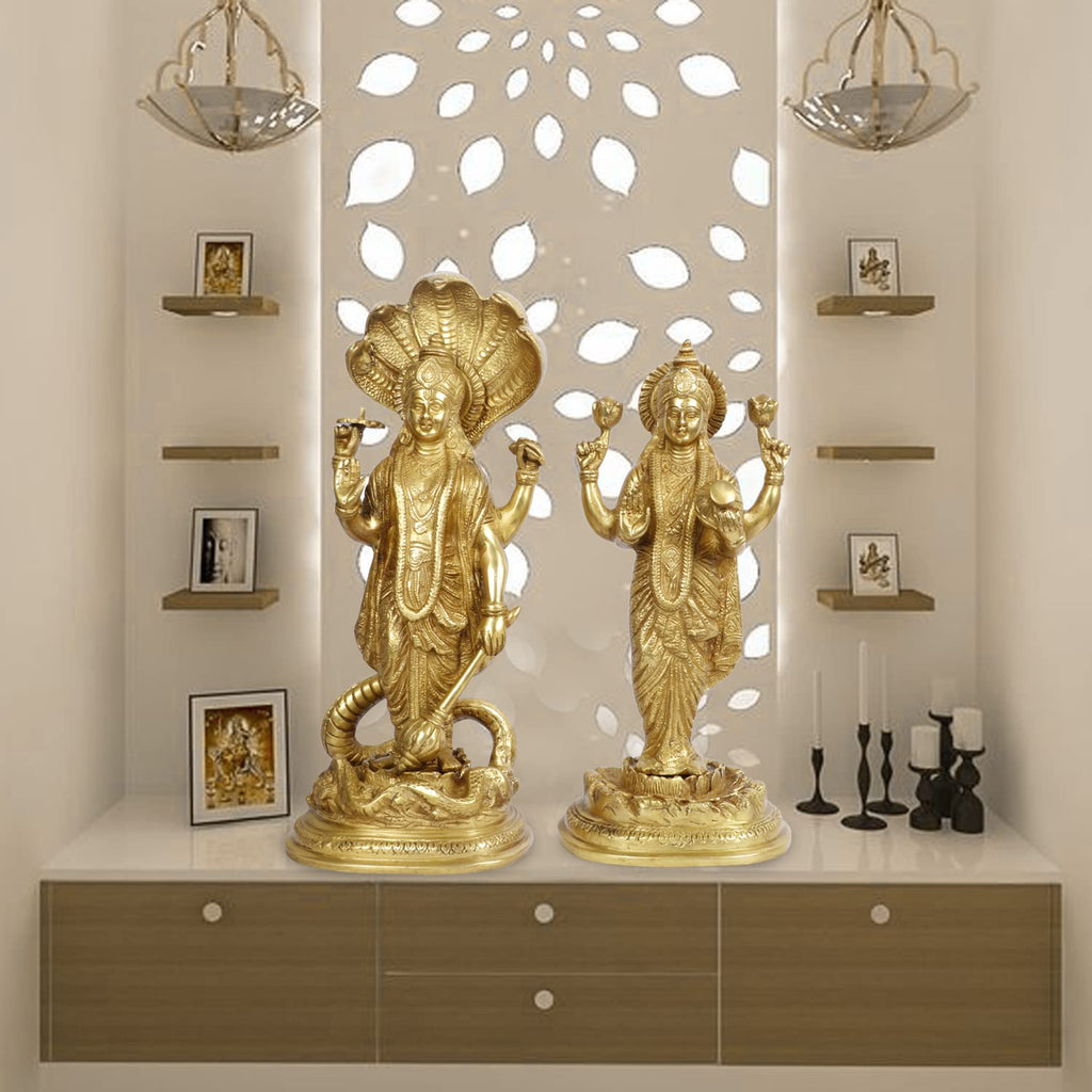 ARTVARKO Brass Big Lord Lakshmi Vishnu Idol Standing On Sheshnag Murti Luxmi Venkatesh Lakshmi Narayan Statue 17 Inch. Gold Color