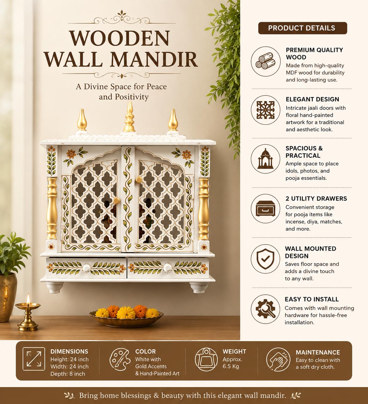 Kamdhenu Art and Craft Wooden Temple/Home Temple/Pooja Mandir/Pooja Mandap/Temple for Home(Jl Full),52 Cm